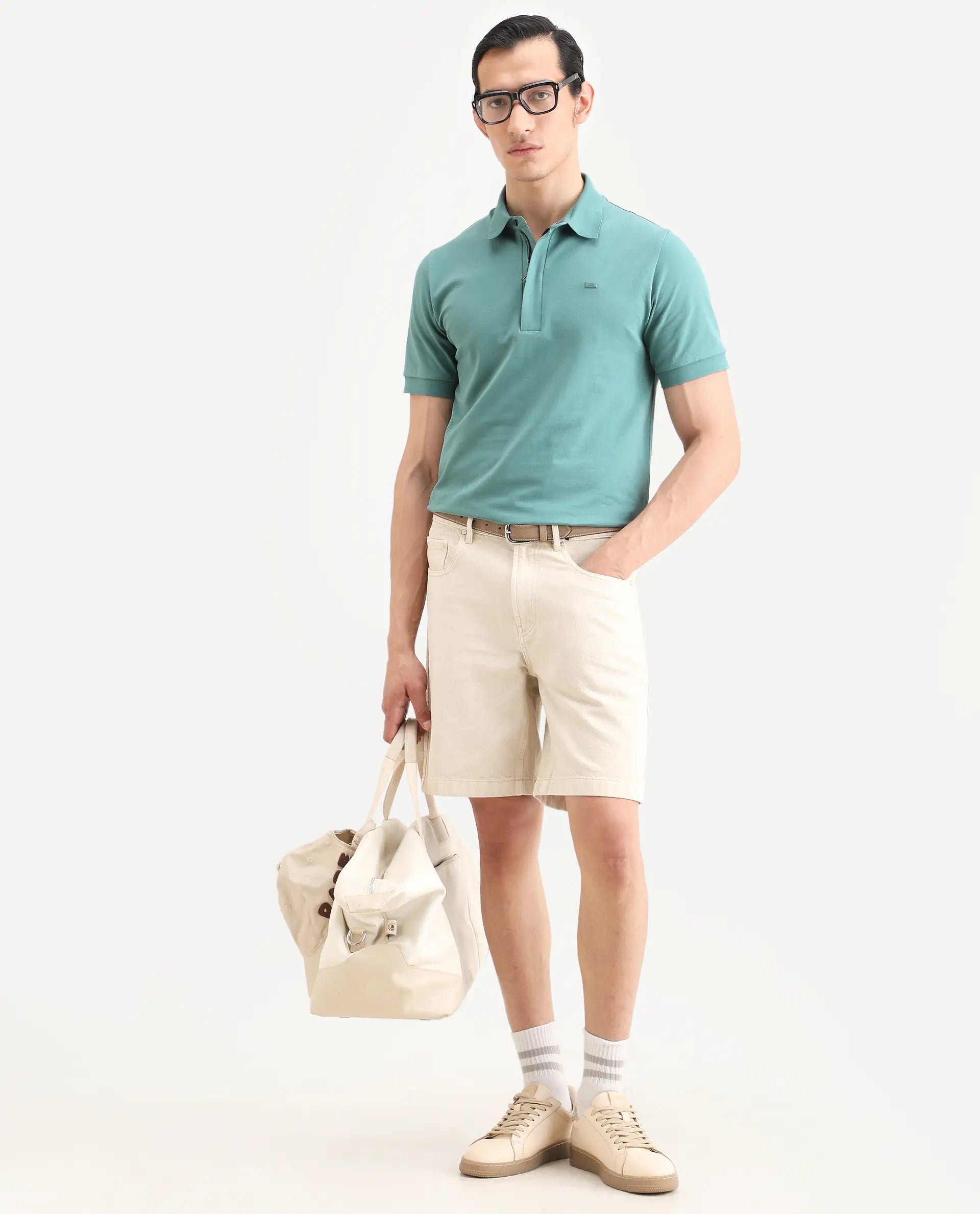 Rare Rabbit Men's Salis-S26 Dusky Green Cotton Blend Fabric Half Sleeve Spread Collar Regular Fit Plain Polo