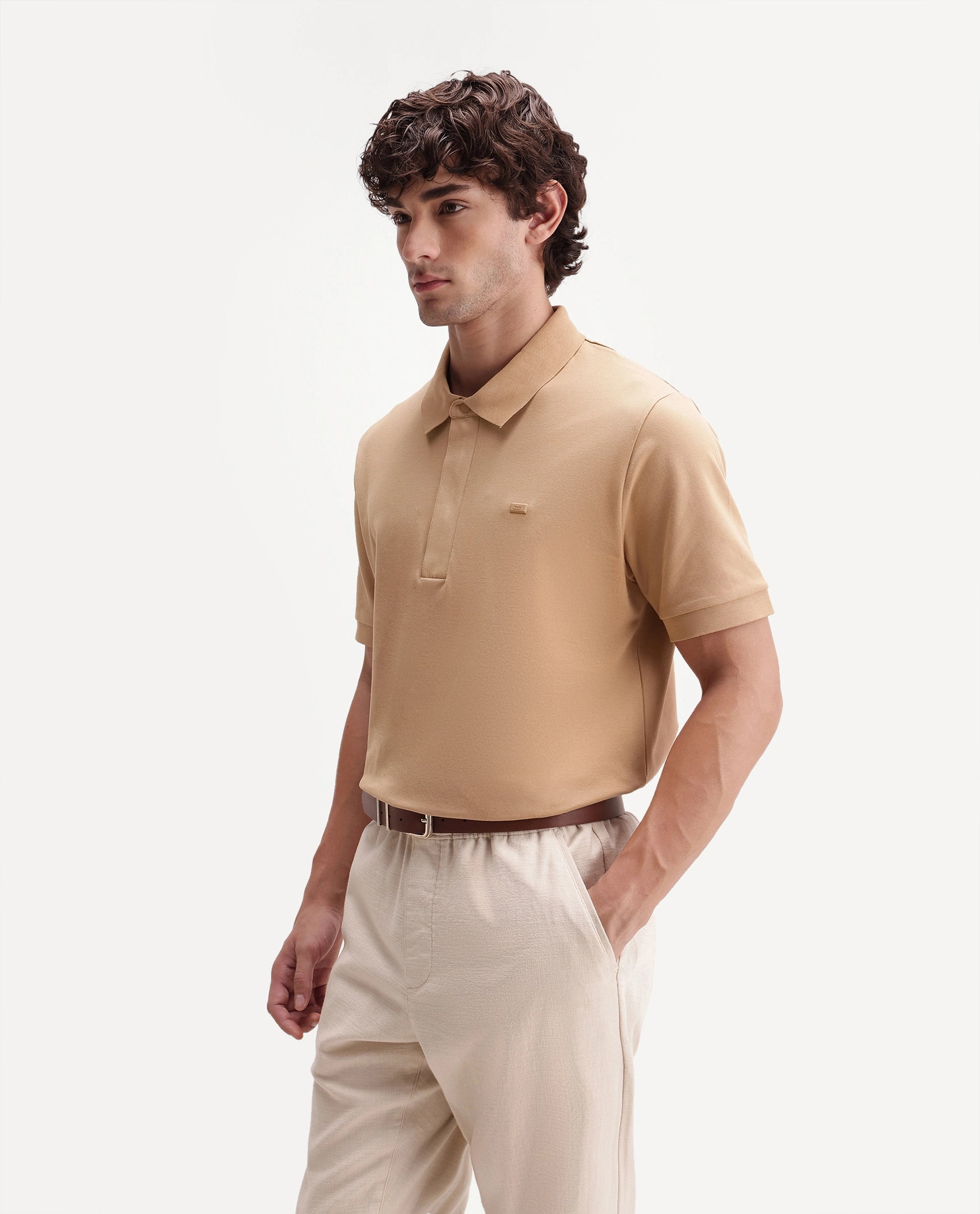 Rare Rabbit Men's Salis-S26 Light Yellow Cotton Blend Fabric Half Sleeve Spread Collar Regular Fit Plain Polo