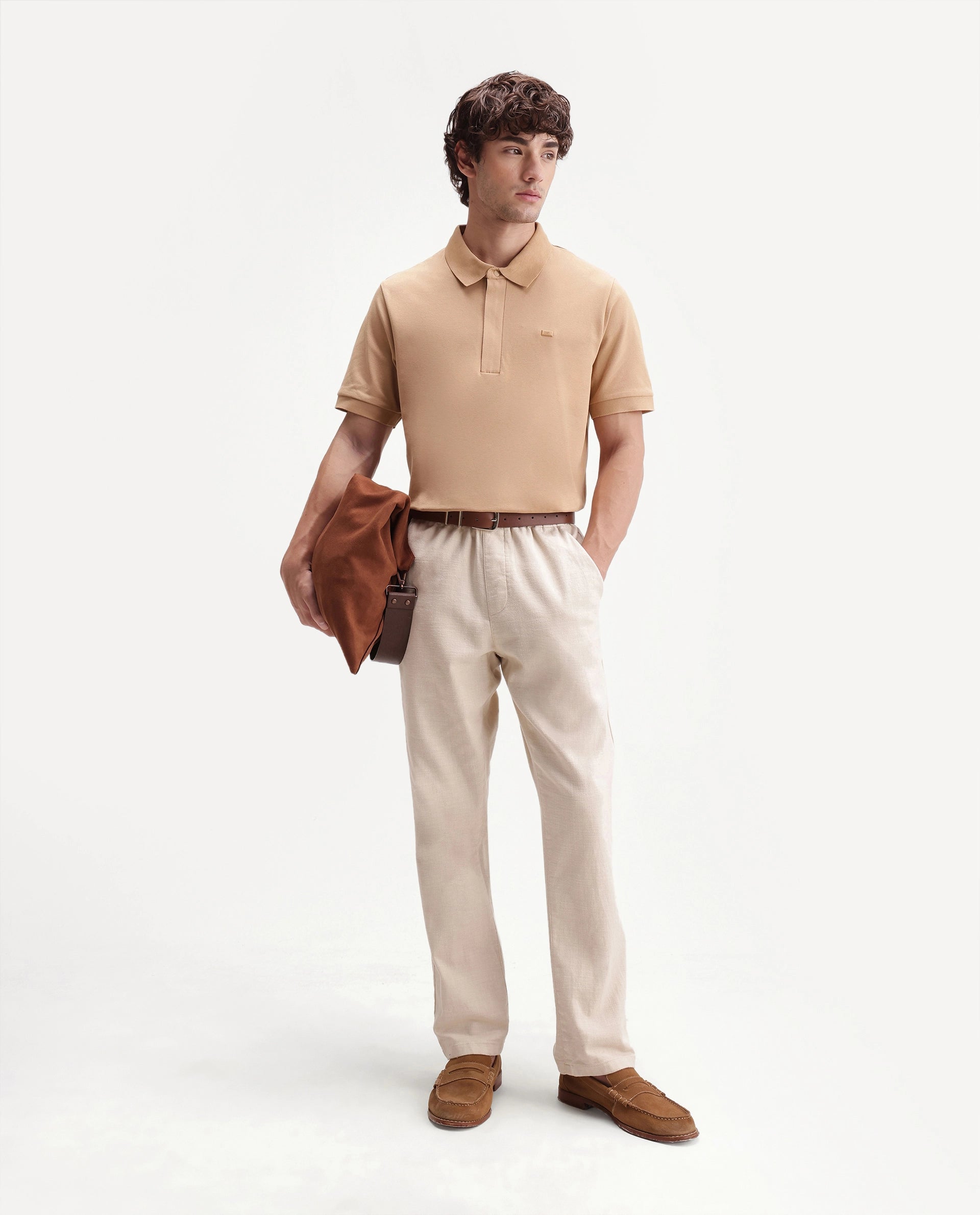 Rare Rabbit Men's Salis-S26 Light Yellow Cotton Blend Fabric Half Sleeve Spread Collar Regular Fit Plain Polo