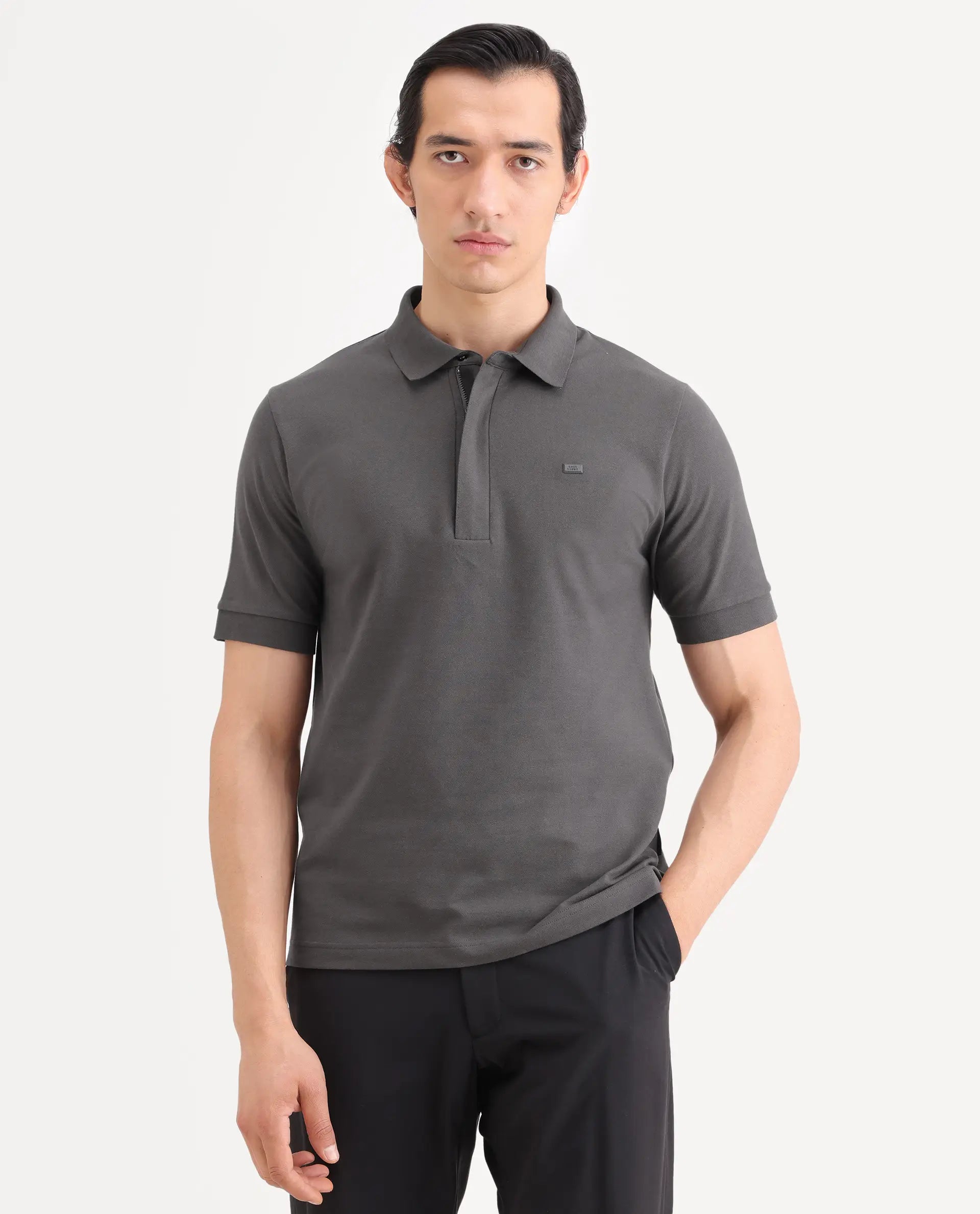 Rare Rabbit Men's Salis-S26 Grey Cotton Blend Fabric Half Sleeve Spread Collar Regular Fit Plain Polo