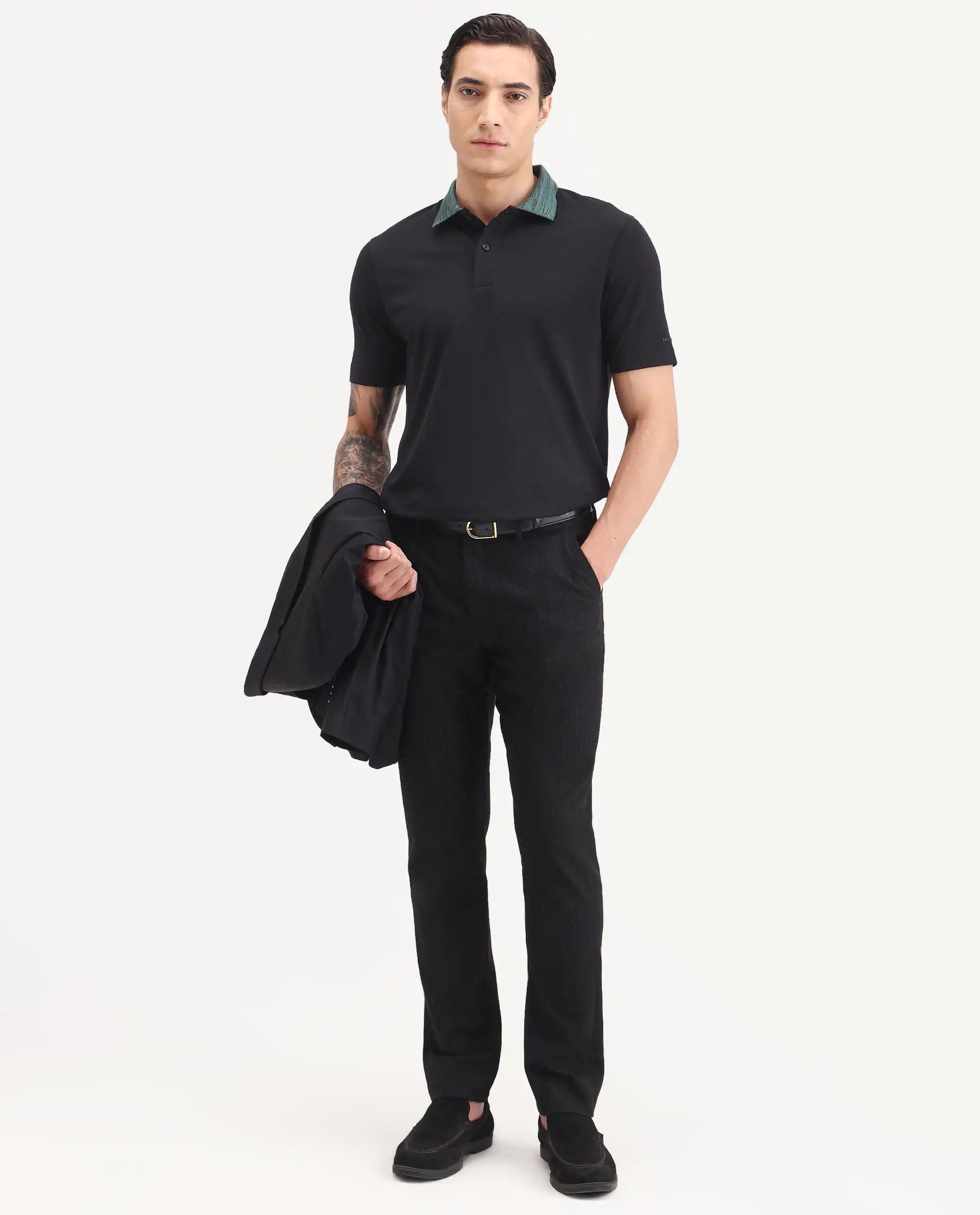 Rare Rabbit Men's Spat Black Cotton Blend Fabric Half Sleeve Spread Collar Regular Fit Plain Polo