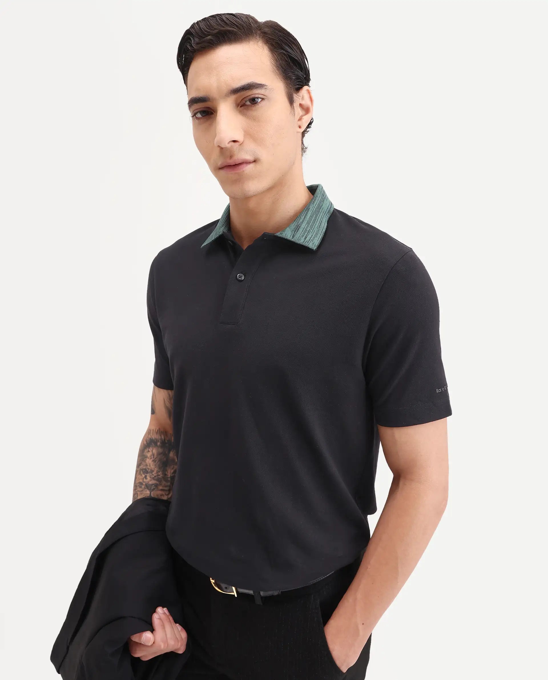 Rare Rabbit Men's Spat Black Cotton Blend Fabric Half Sleeve Spread Collar Regular Fit Plain Polo