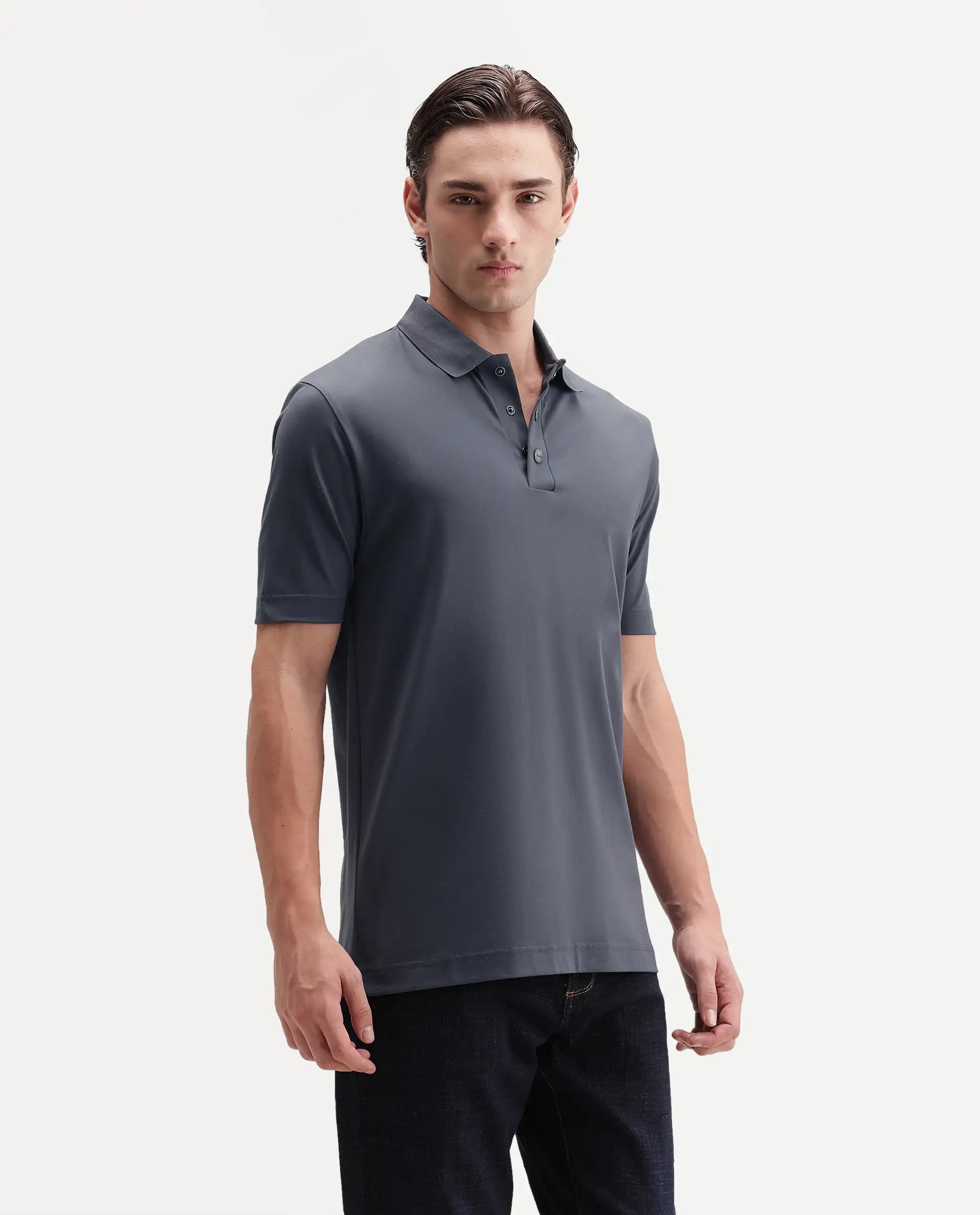 Rare Rabbit Men's Tang-S26 Grey Cotton Blend Fabric Half Sleeve Spread Collar Regular Fit Plain Polo