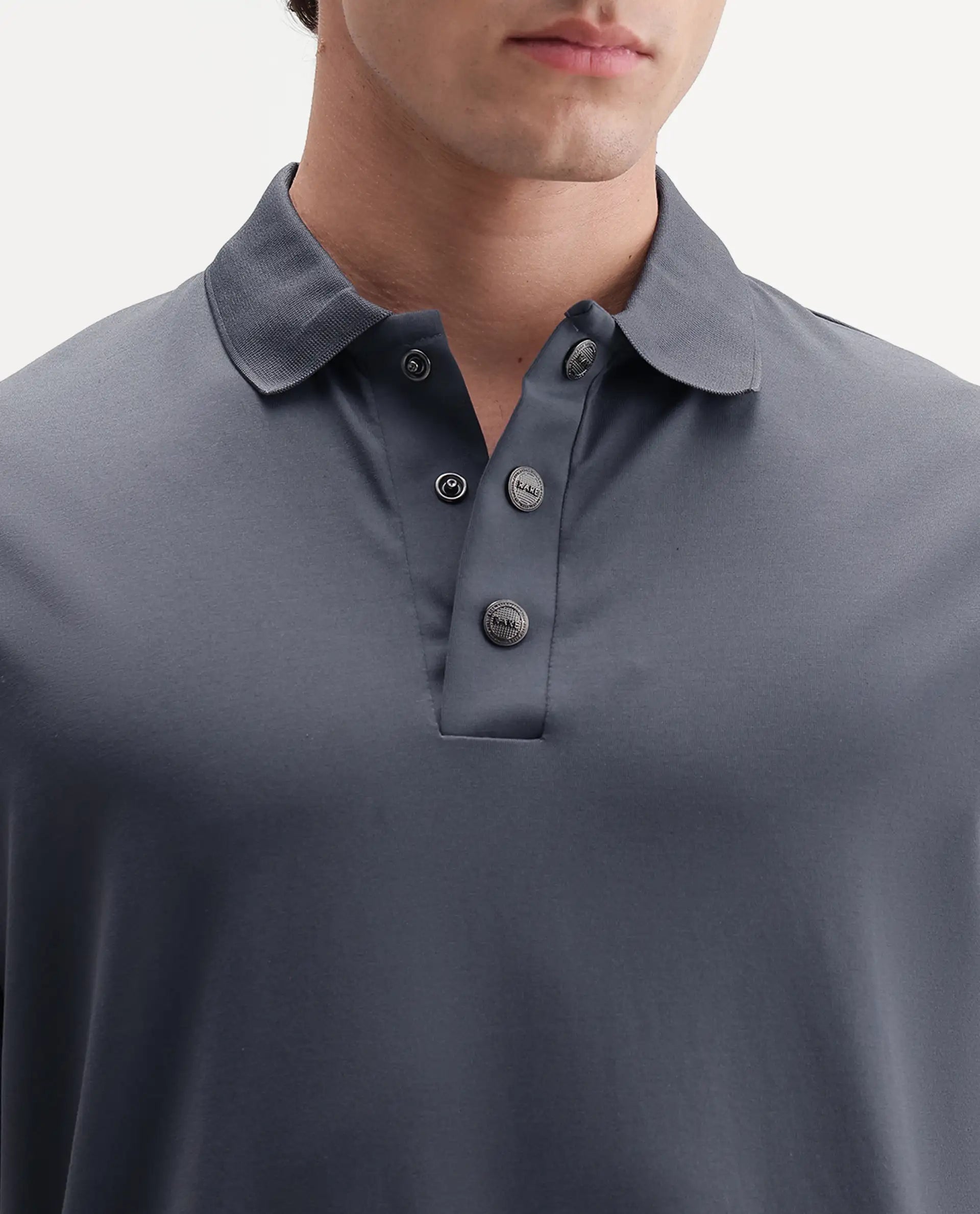 Rare Rabbit Men's Tang-S26 Grey Cotton Blend Fabric Half Sleeve Spread Collar Regular Fit Plain Polo
