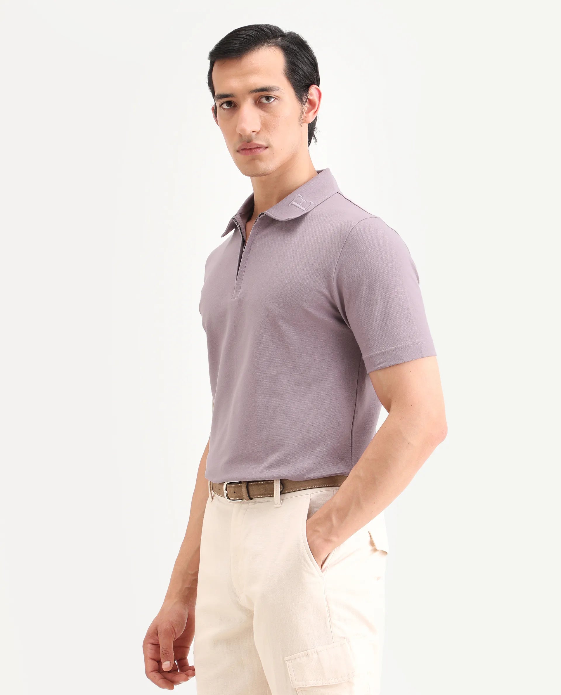 Rare Rabbit Men's Thero-S26 Dusky Pink Cotton Blend Fabric Half Sleeve Spread Collar Regular Fit Plain Polo