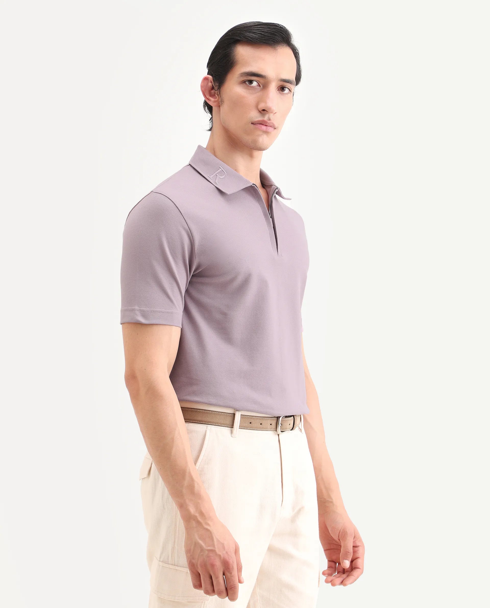 Rare Rabbit Men's Thero-S26 Dusky Pink Cotton Blend Fabric Half Sleeve Spread Collar Regular Fit Plain Polo