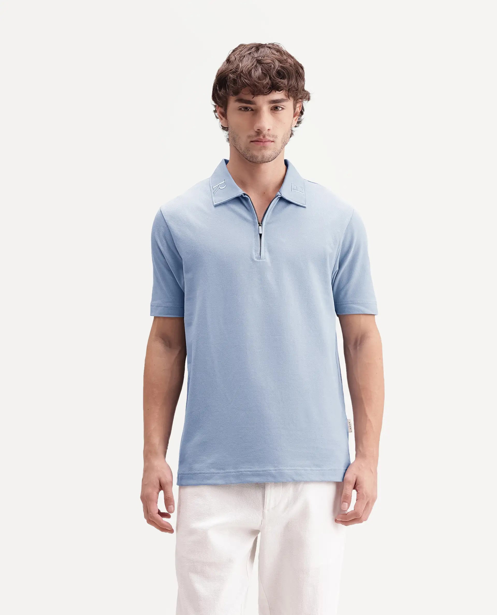 Rare Rabbit Men's Thero-S26 Dusky Blue Cotton Blend Fabric Half Sleeve Spread Collar Regular Fit Plain Polo