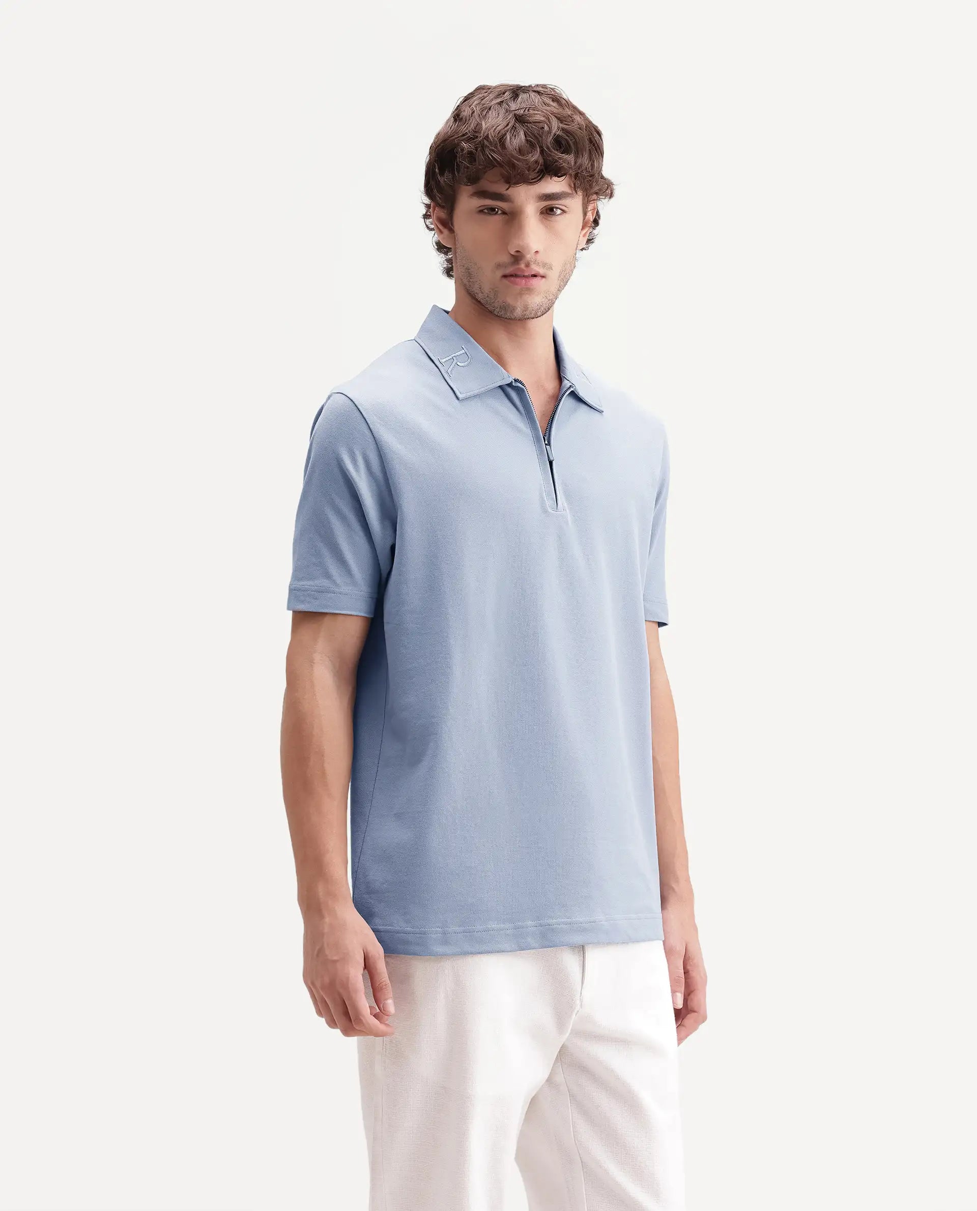 Rare Rabbit Men's Thero-S26 Dusky Blue Cotton Blend Fabric Half Sleeve Spread Collar Regular Fit Plain Polo