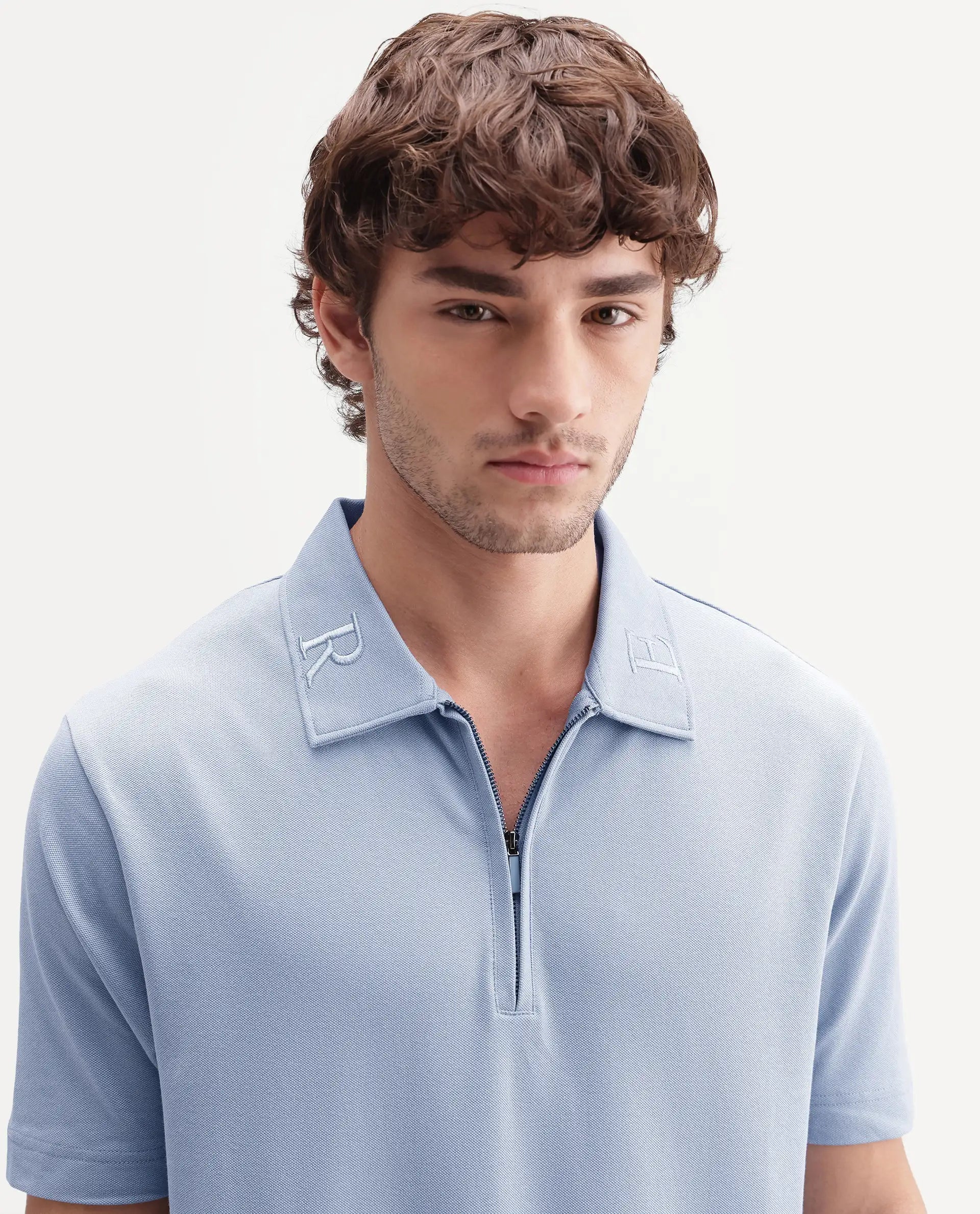 Rare Rabbit Men's Thero-S26 Dusky Blue Cotton Blend Fabric Half Sleeve Spread Collar Regular Fit Plain Polo