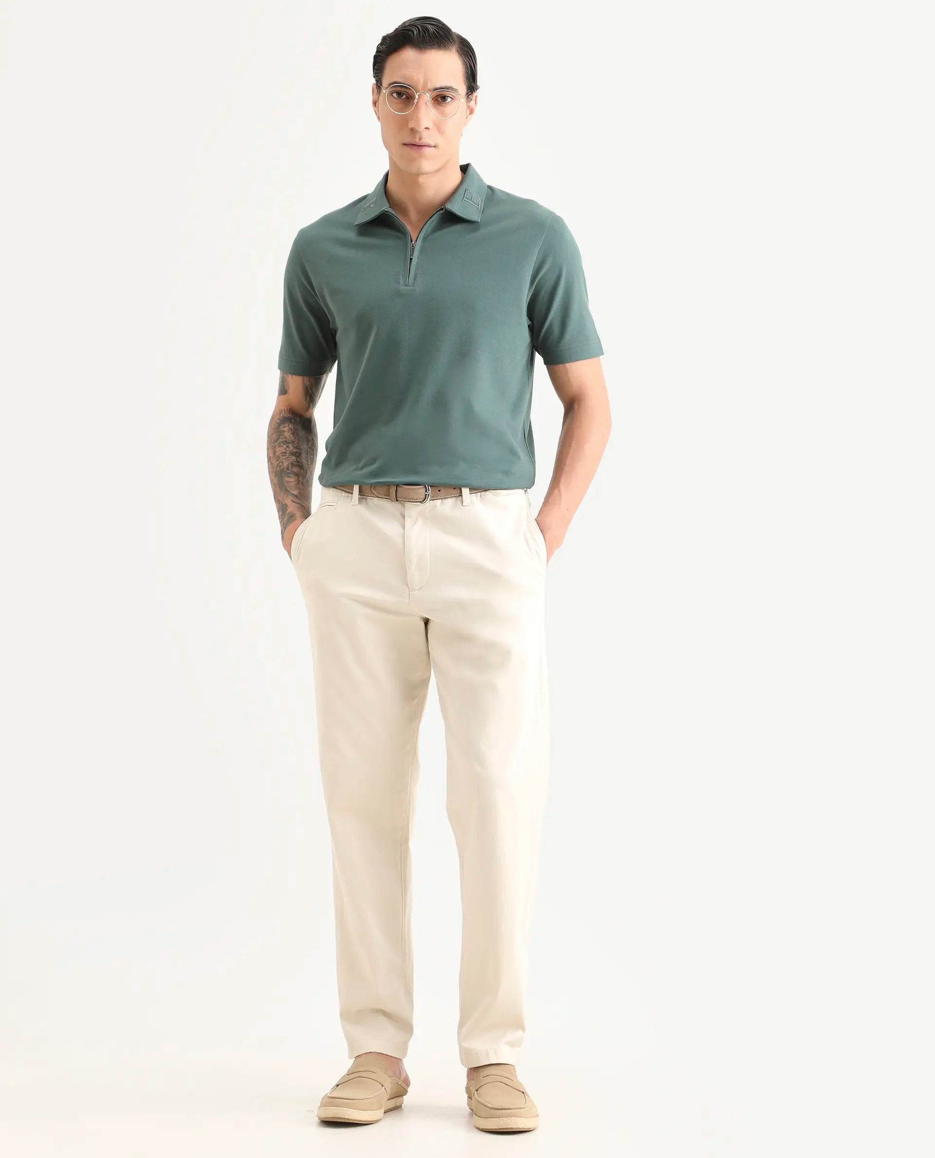 Rare Rabbit Men's Thero-S26 Dusky Green Cotton Blend Fabric Half Sleeve Spread Collar Regular Fit Plain Polo