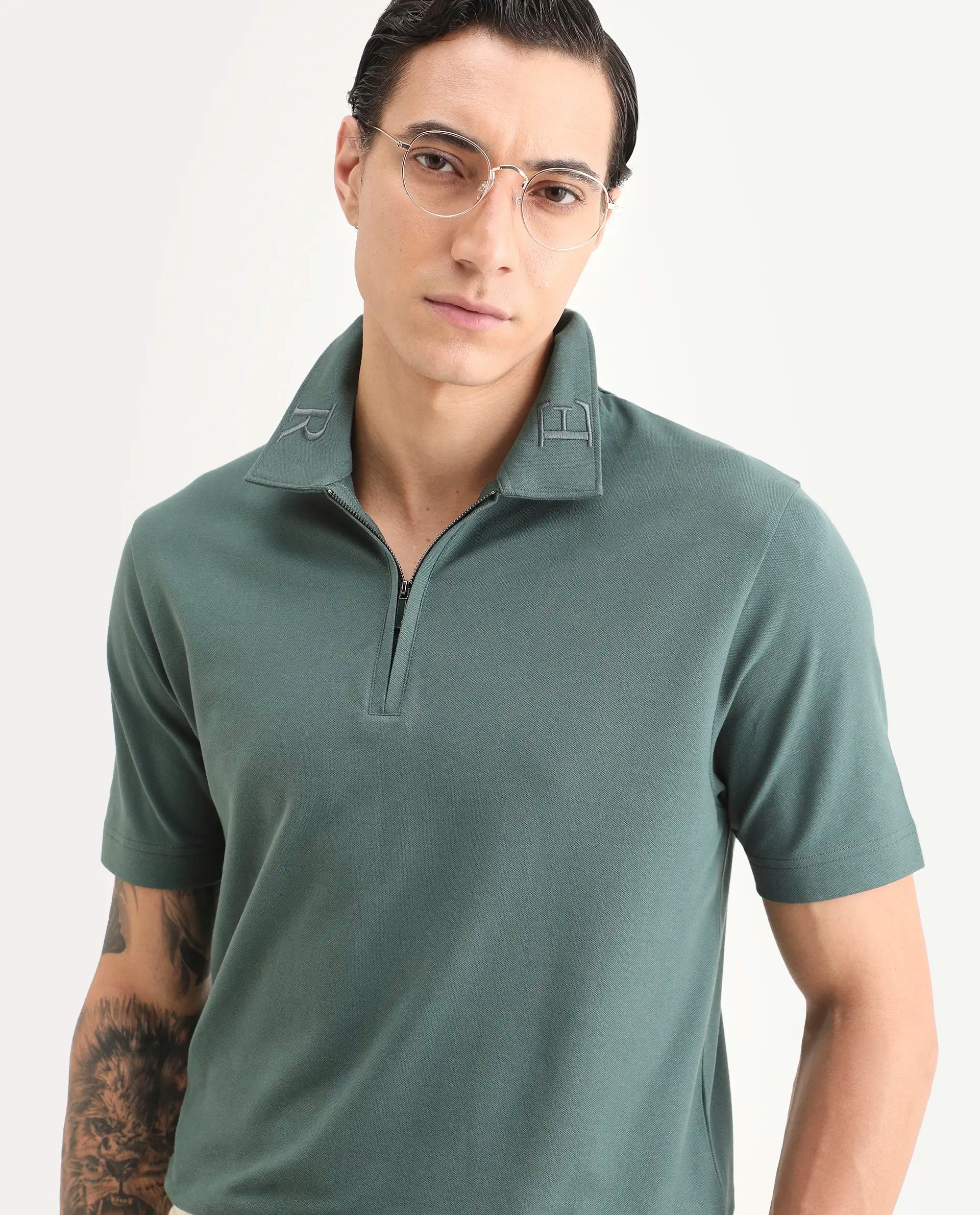 Rare Rabbit Men's Thero-S26 Dusky Green Cotton Blend Fabric Half Sleeve Spread Collar Regular Fit Plain Polo