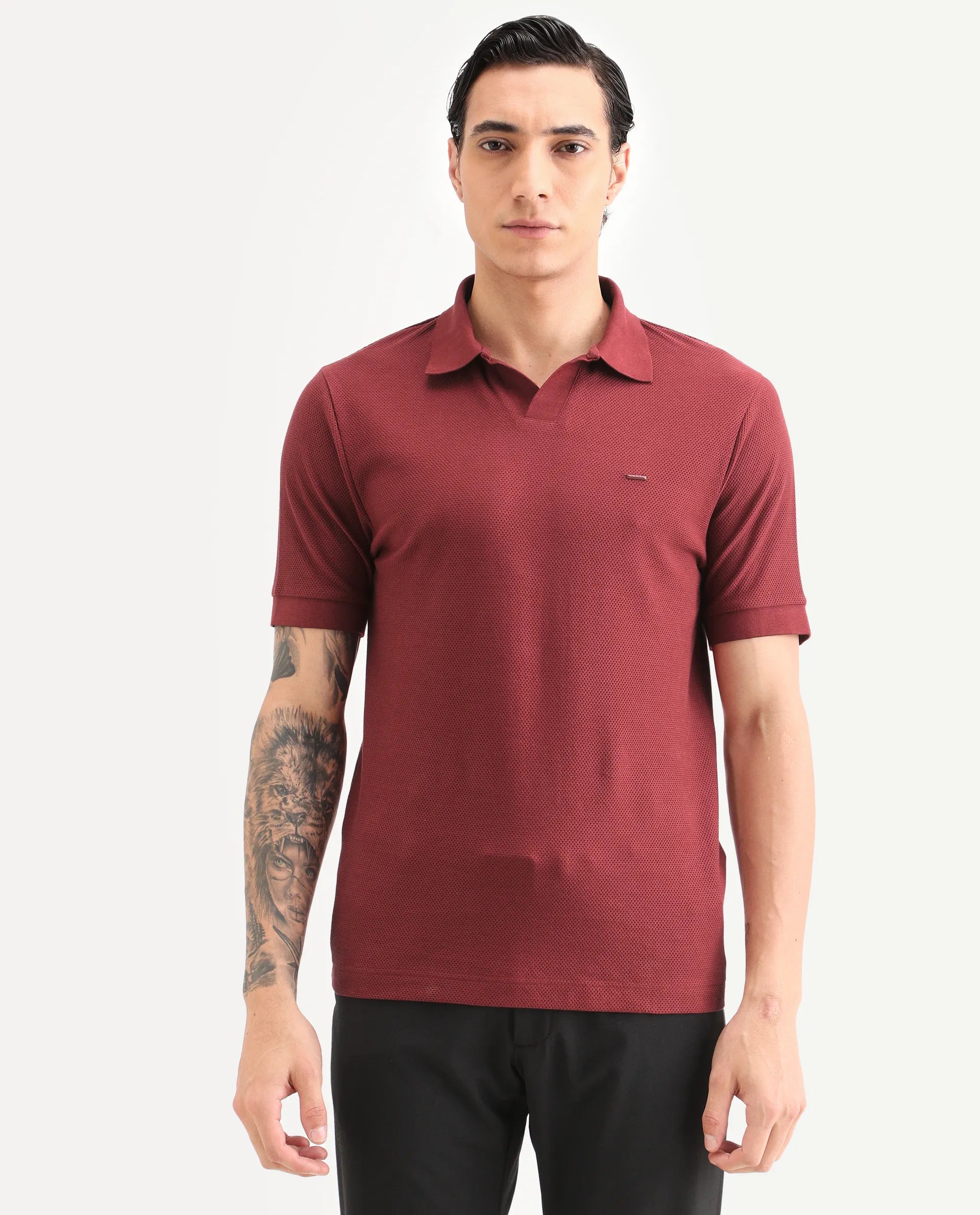 Rare Rabbit Men's Zego Red Cotton Blend Fabric Half Sleeve Jonny Collar Regular Fit Plain Polo