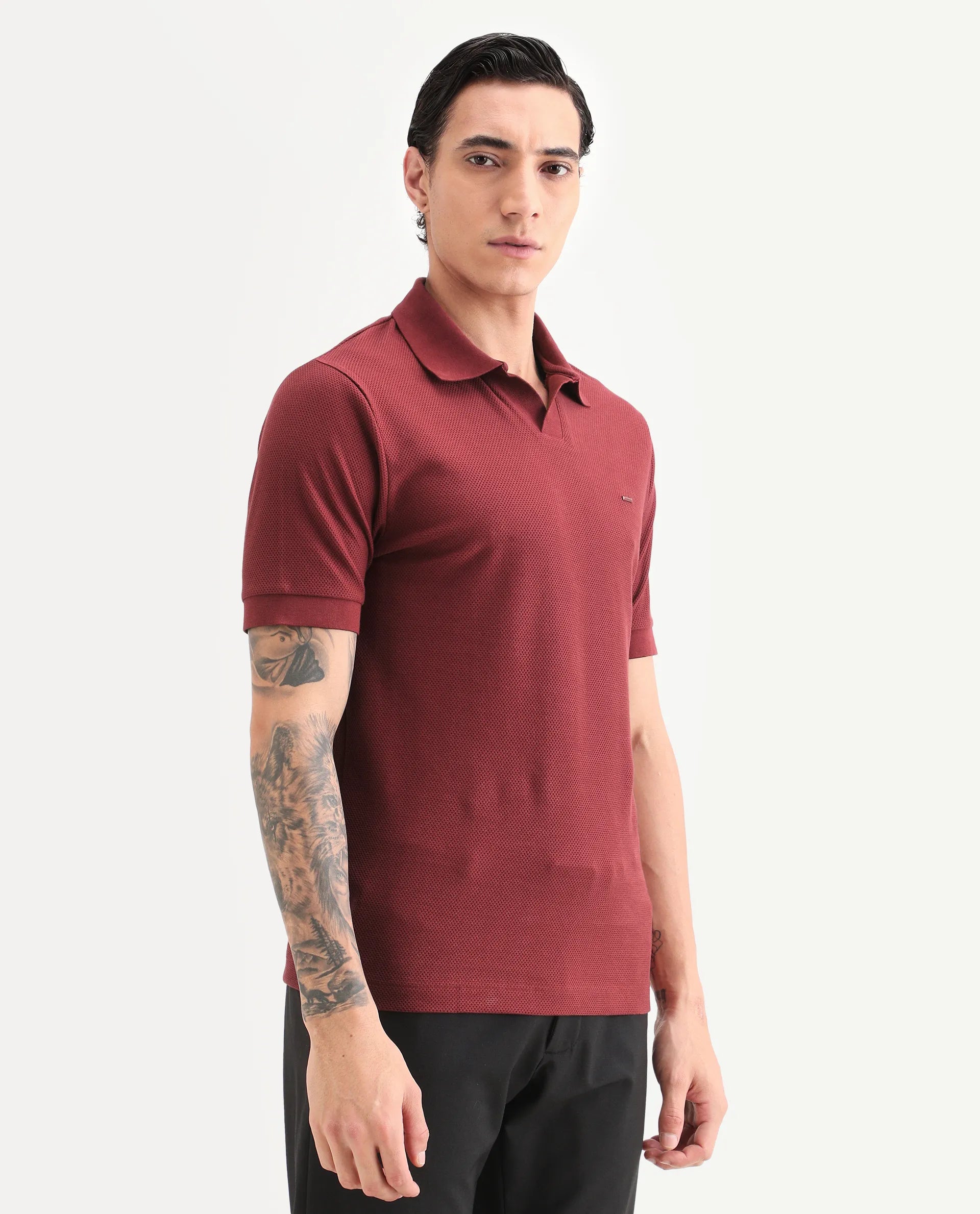 Rare Rabbit Men's Zego Red Cotton Blend Fabric Half Sleeve Jonny Collar Regular Fit Plain Polo