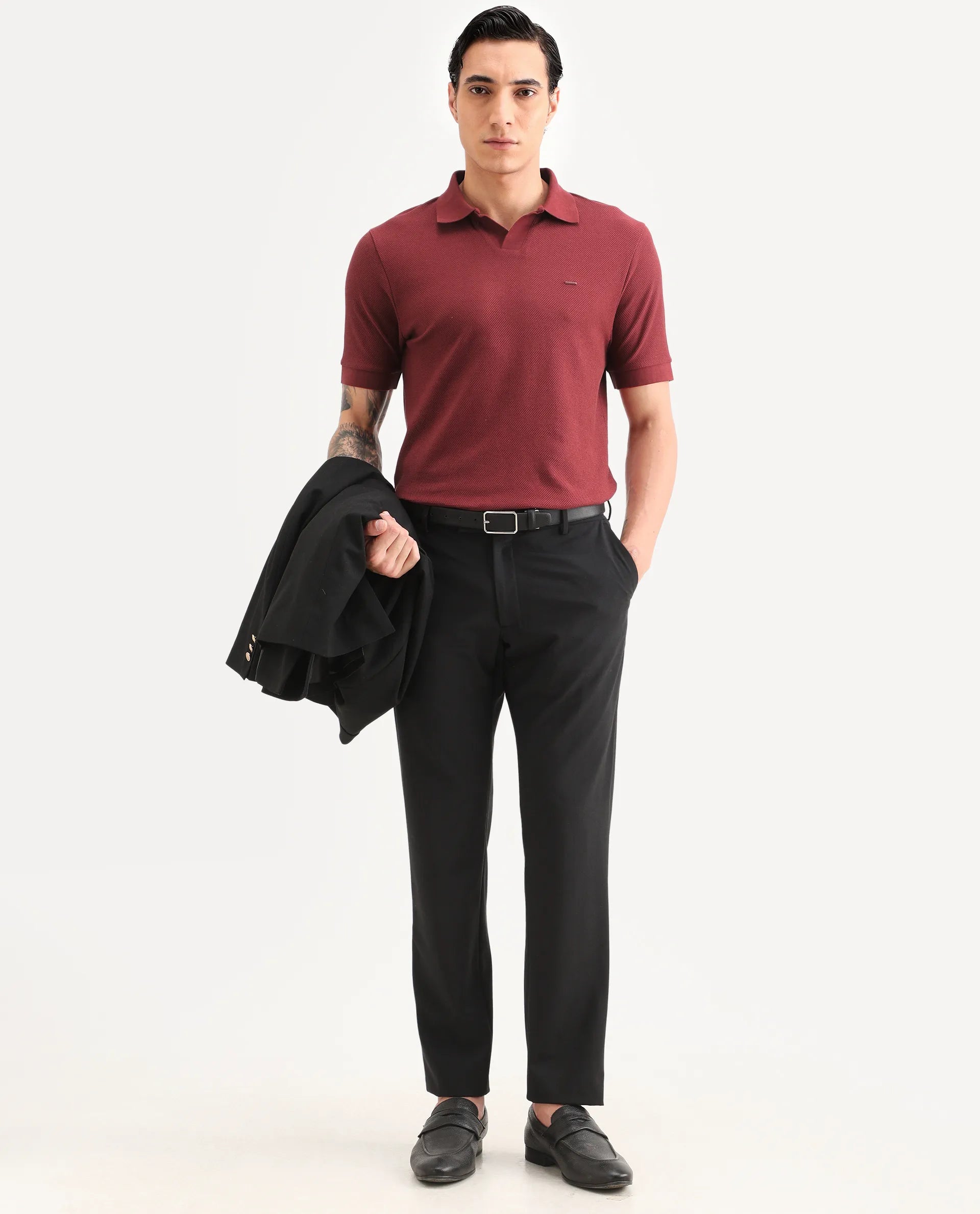 Rare Rabbit Men's Zego Red Cotton Blend Fabric Half Sleeve Jonny Collar Regular Fit Plain Polo