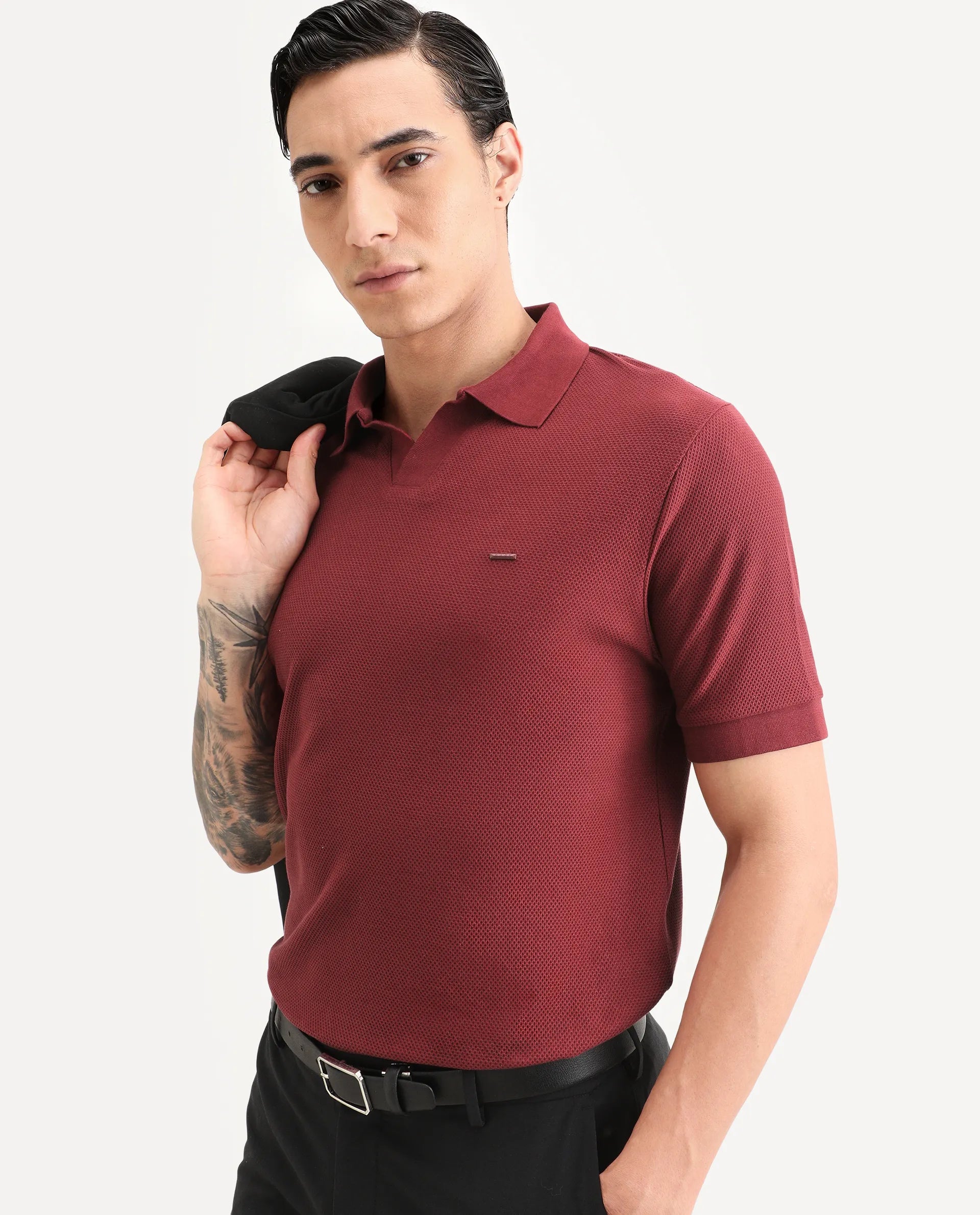 Rare Rabbit Men's Zego Red Cotton Blend Fabric Half Sleeve Jonny Collar Regular Fit Plain Polo