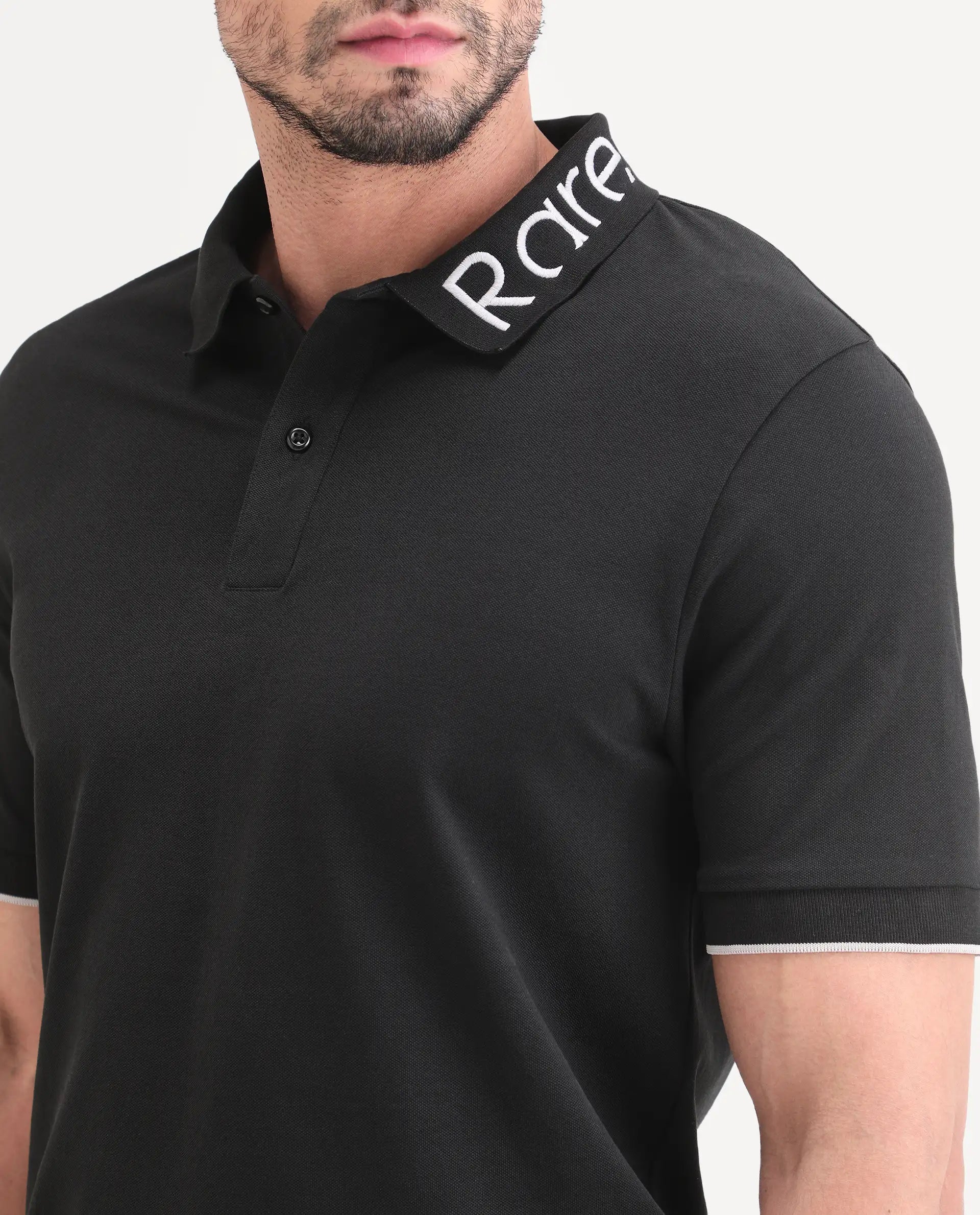 Rare Rabbit Men's Limo-S26 Black Cotton Blend Fabric Half Sleeve Spread Collar Regular Fit Plain Polo