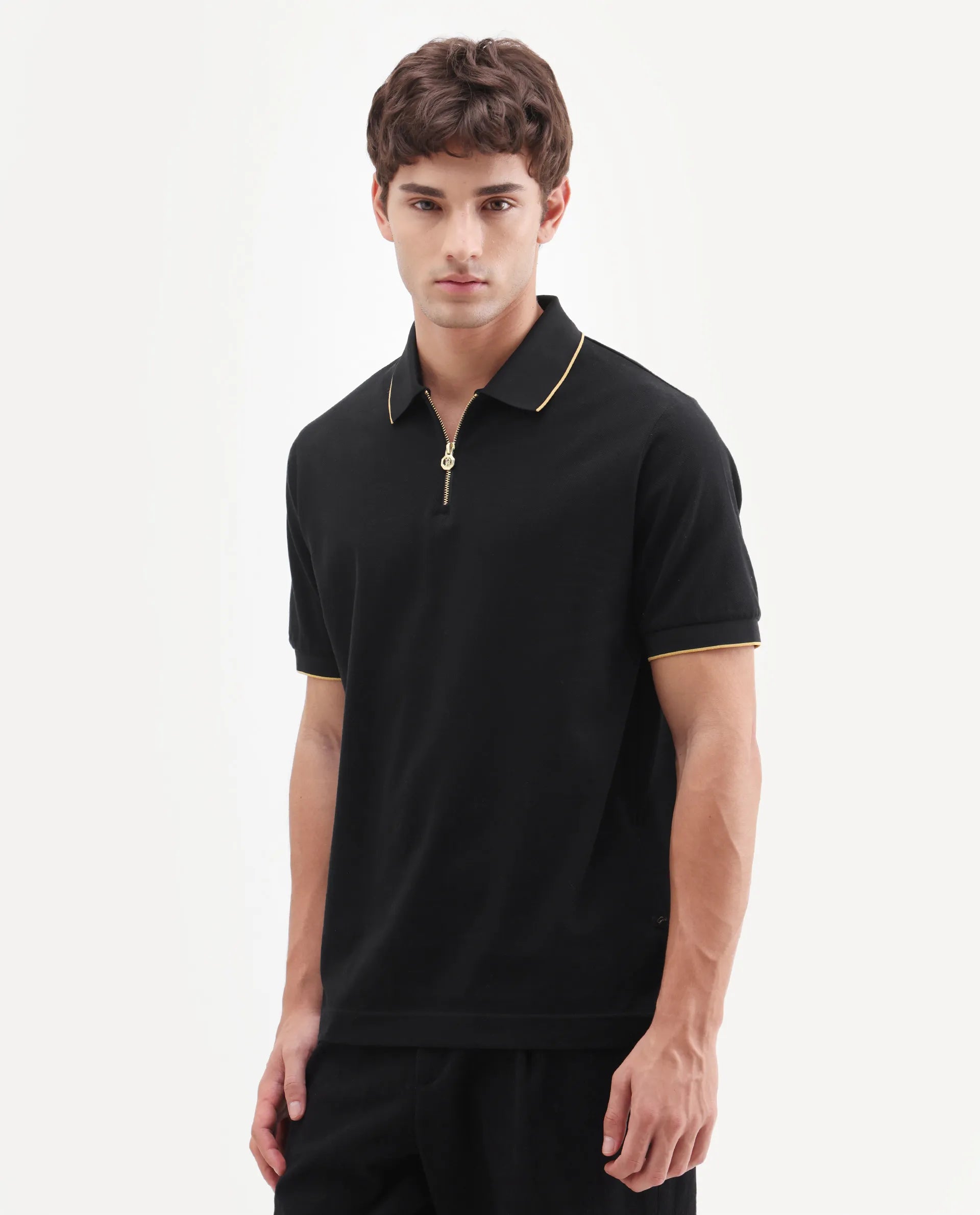 Rare Rabbit Men's Zirno Black Cotton Fabric Half Sleeve Spread Collar Regular Fit Plain Polo
