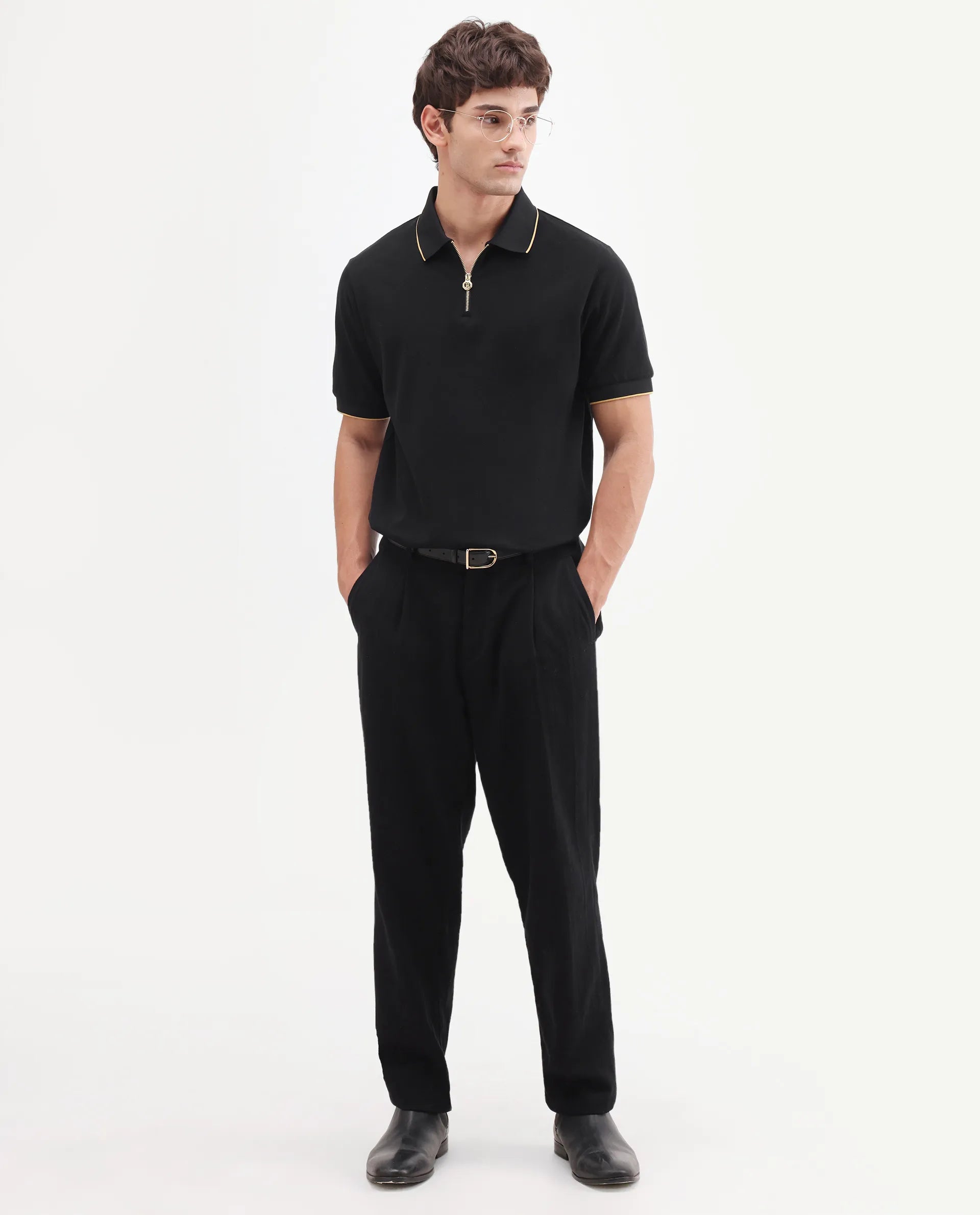 Rare Rabbit Men's Zirno Black Cotton Fabric Half Sleeve Spread Collar Regular Fit Plain Polo