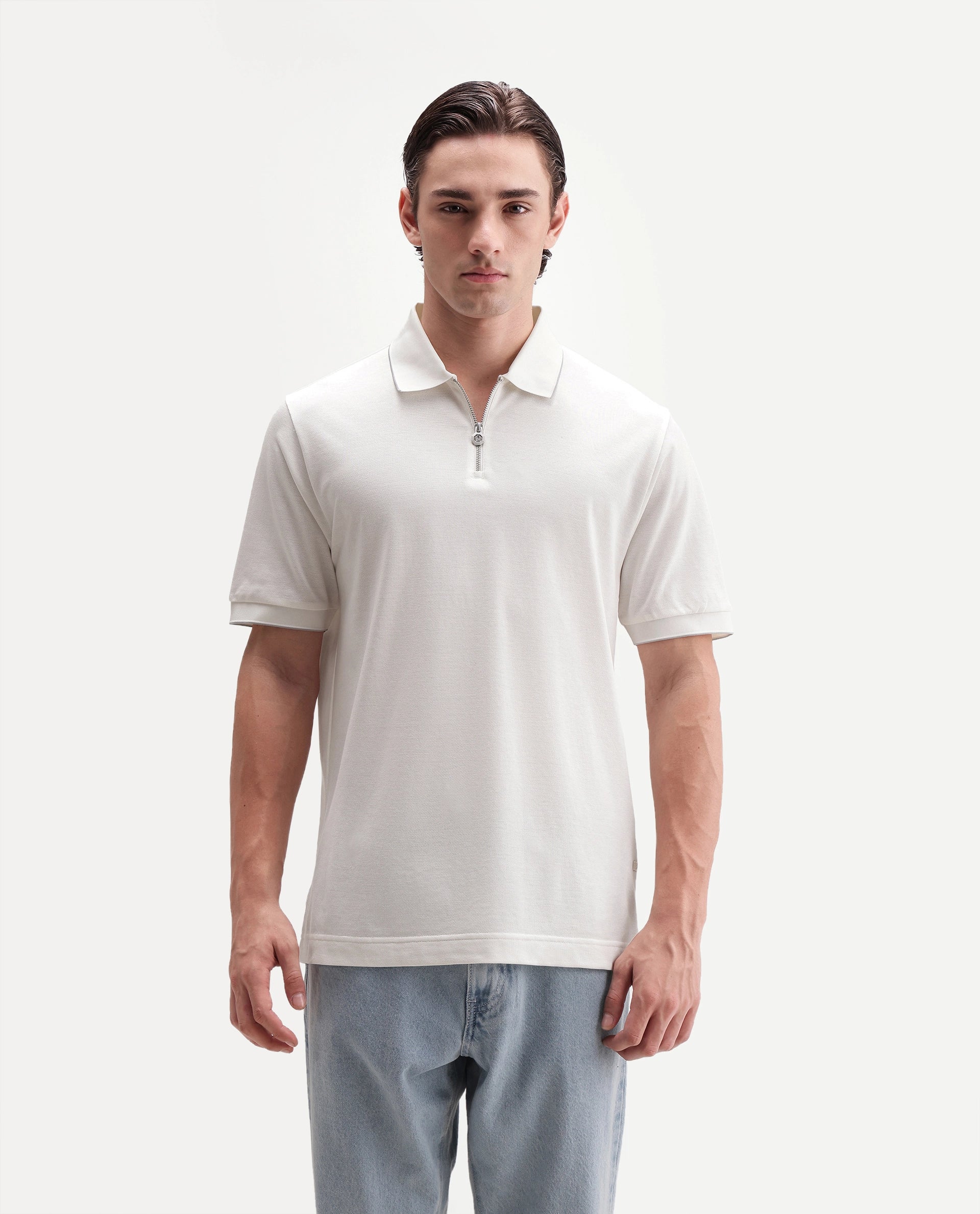 Rare Rabbit Men's Zirno White Cotton Fabric Half Sleeve Spread Collar Regular Fit Plain Polo