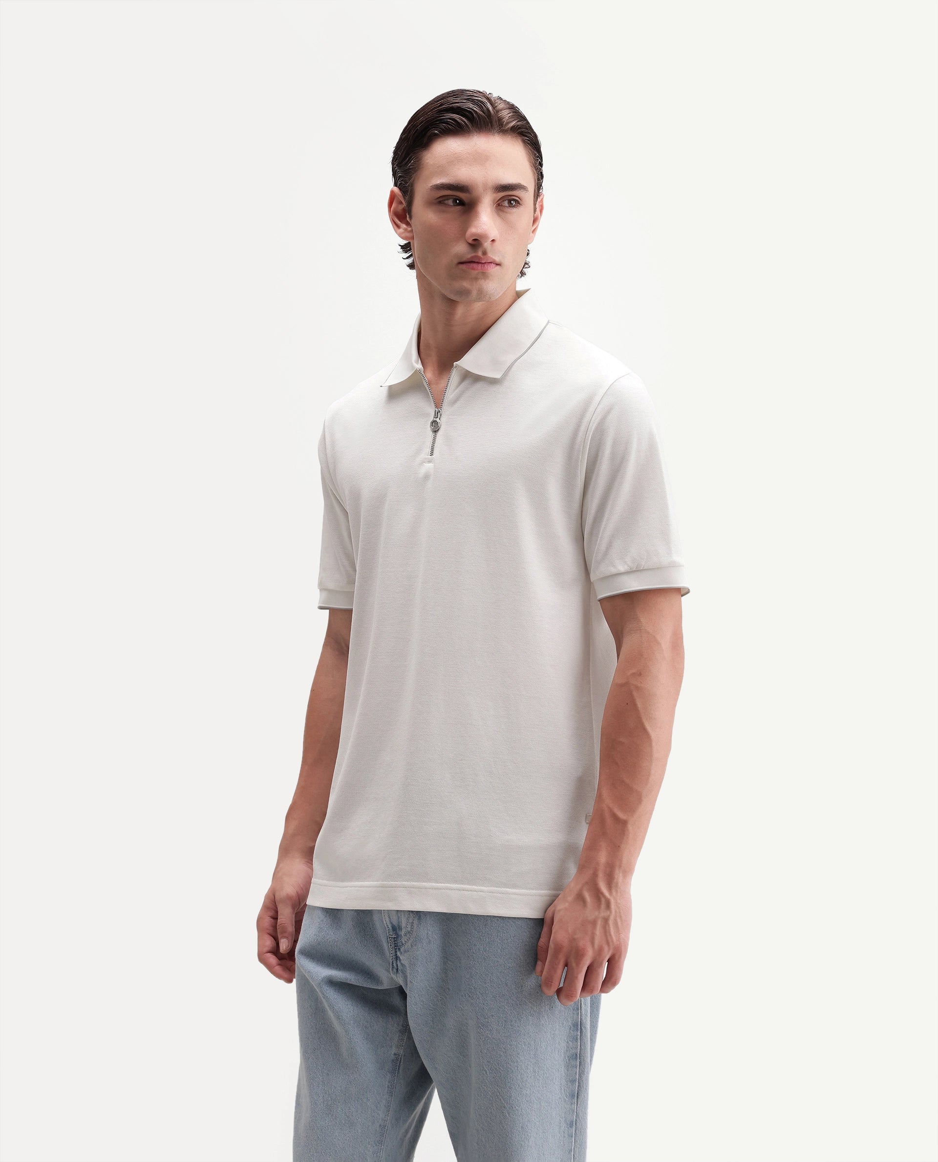 Rare Rabbit Men's Zirno White Cotton Fabric Half Sleeve Spread Collar Regular Fit Plain Polo