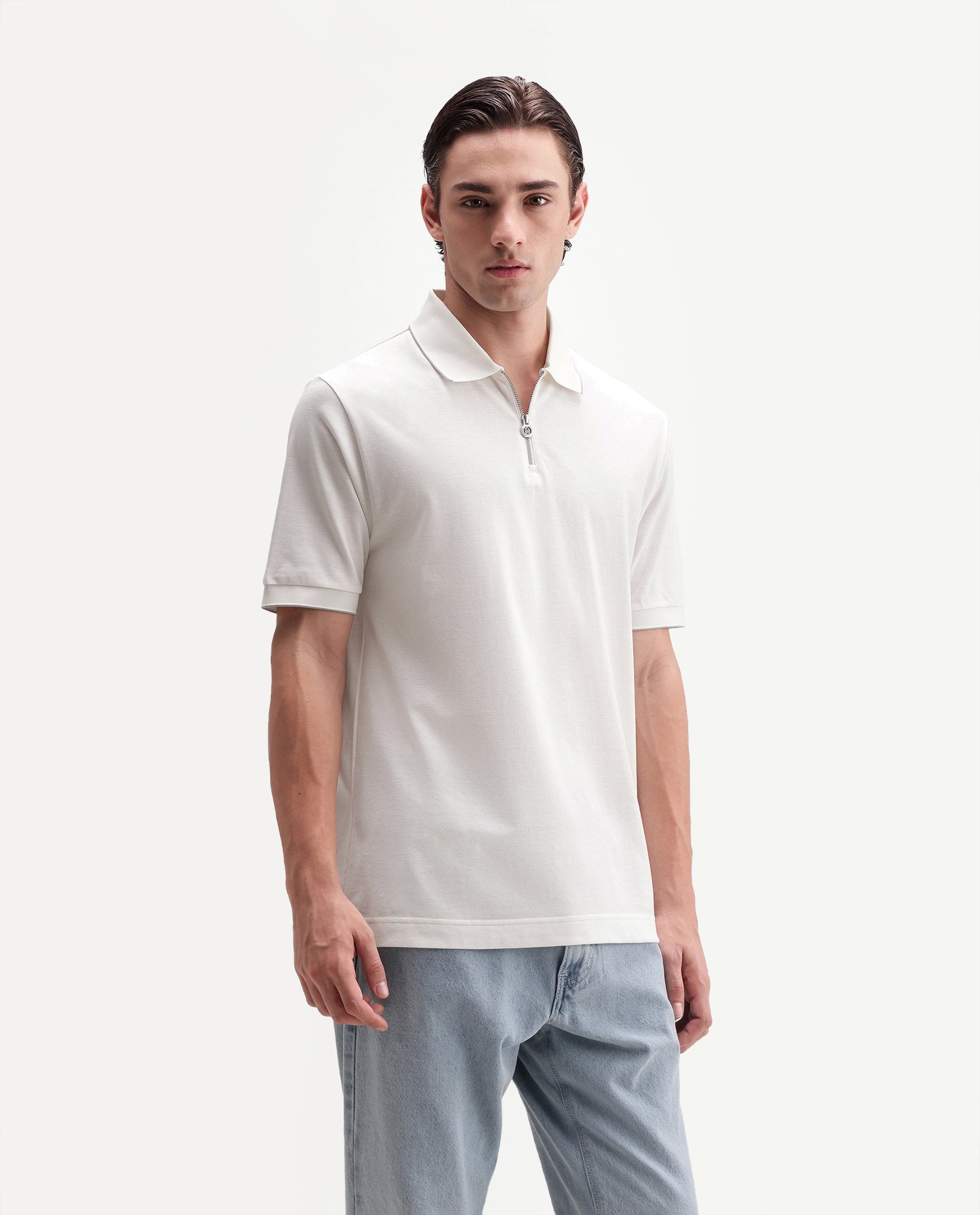 Rare Rabbit Men's Zirno White Cotton Fabric Half Sleeve Spread Collar Regular Fit Plain Polo