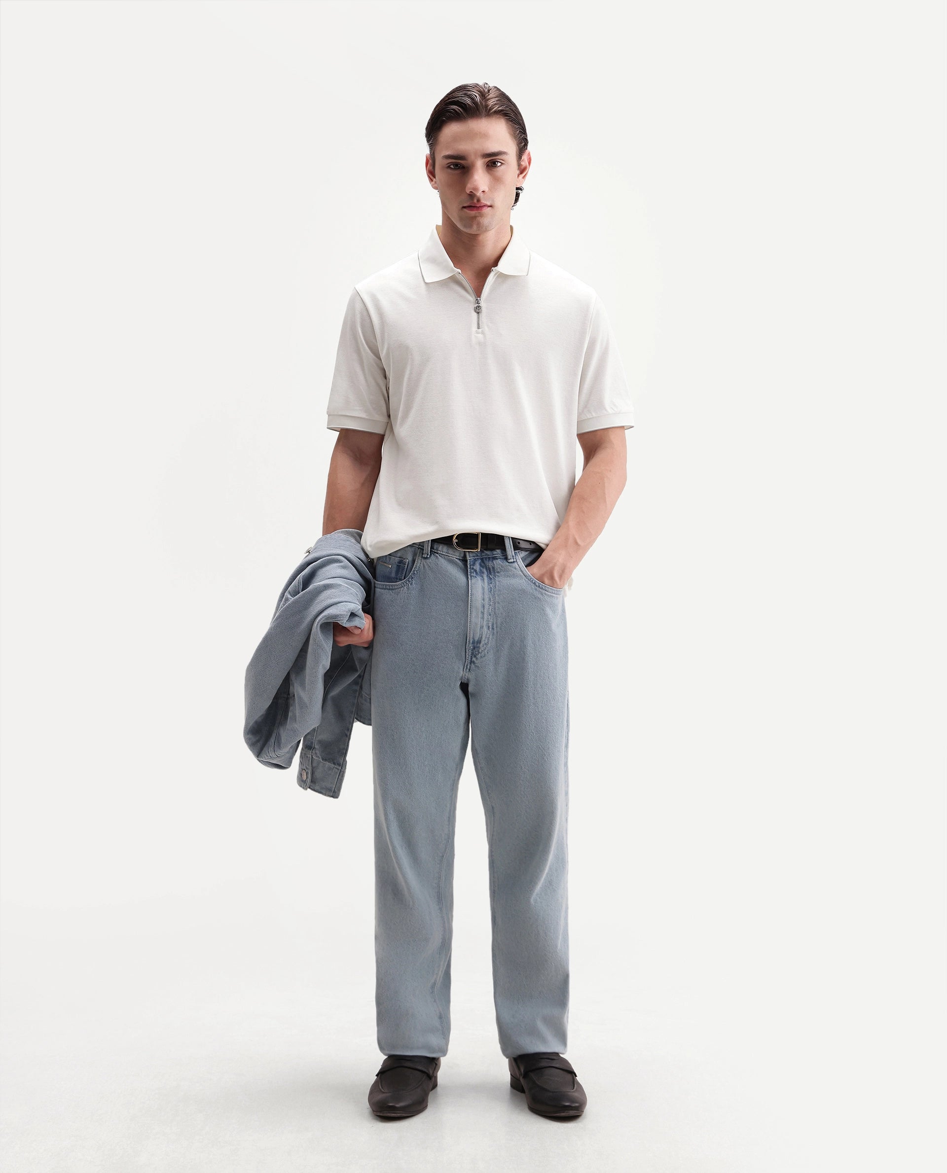 Rare Rabbit Men's Zirno White Cotton Fabric Half Sleeve Spread Collar Regular Fit Plain Polo