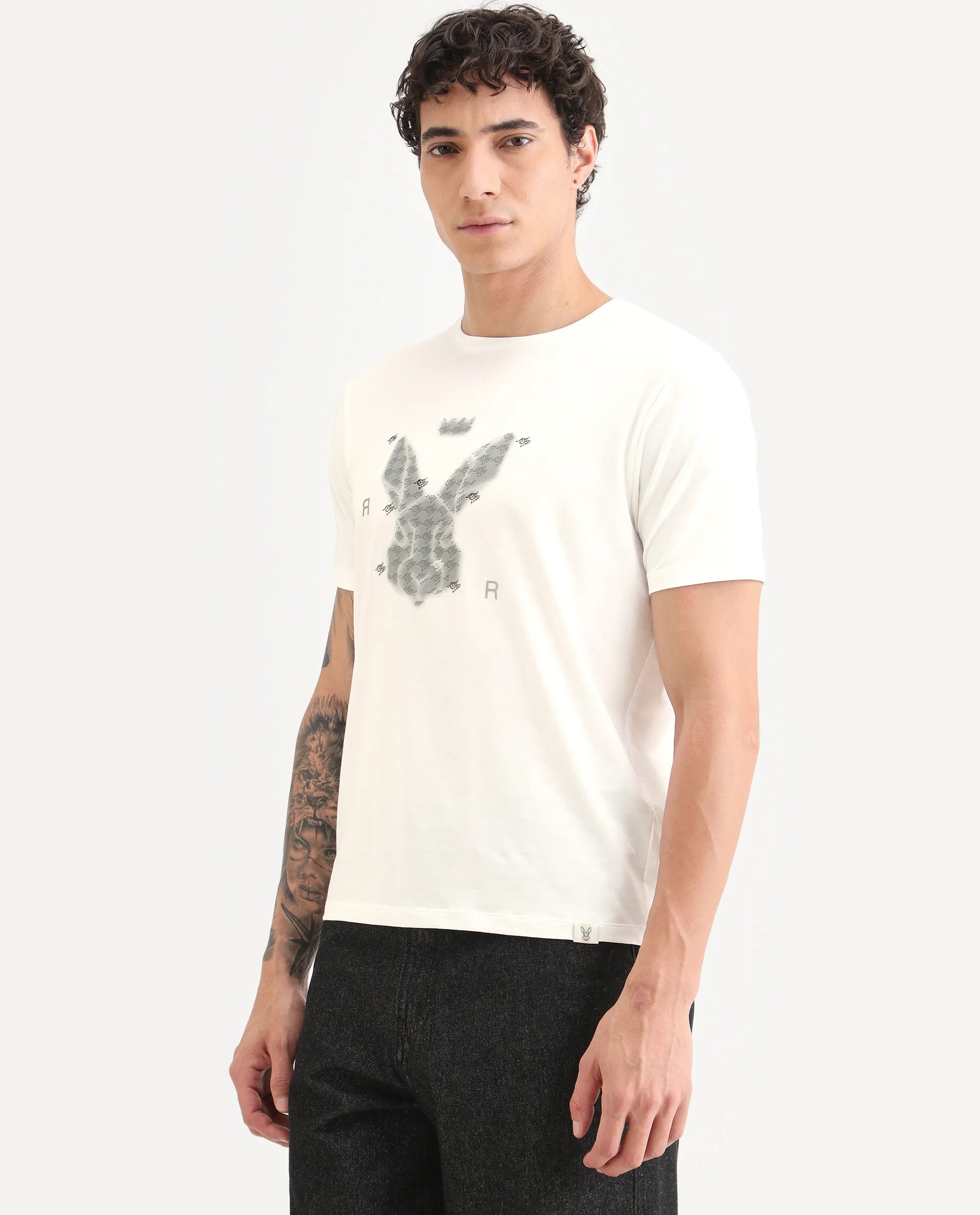Rare Rabbit Men's Anc White Cotton Blend Fabric Half Sleeve Crew Neck Regular Fit Graphic Print T-Shirt