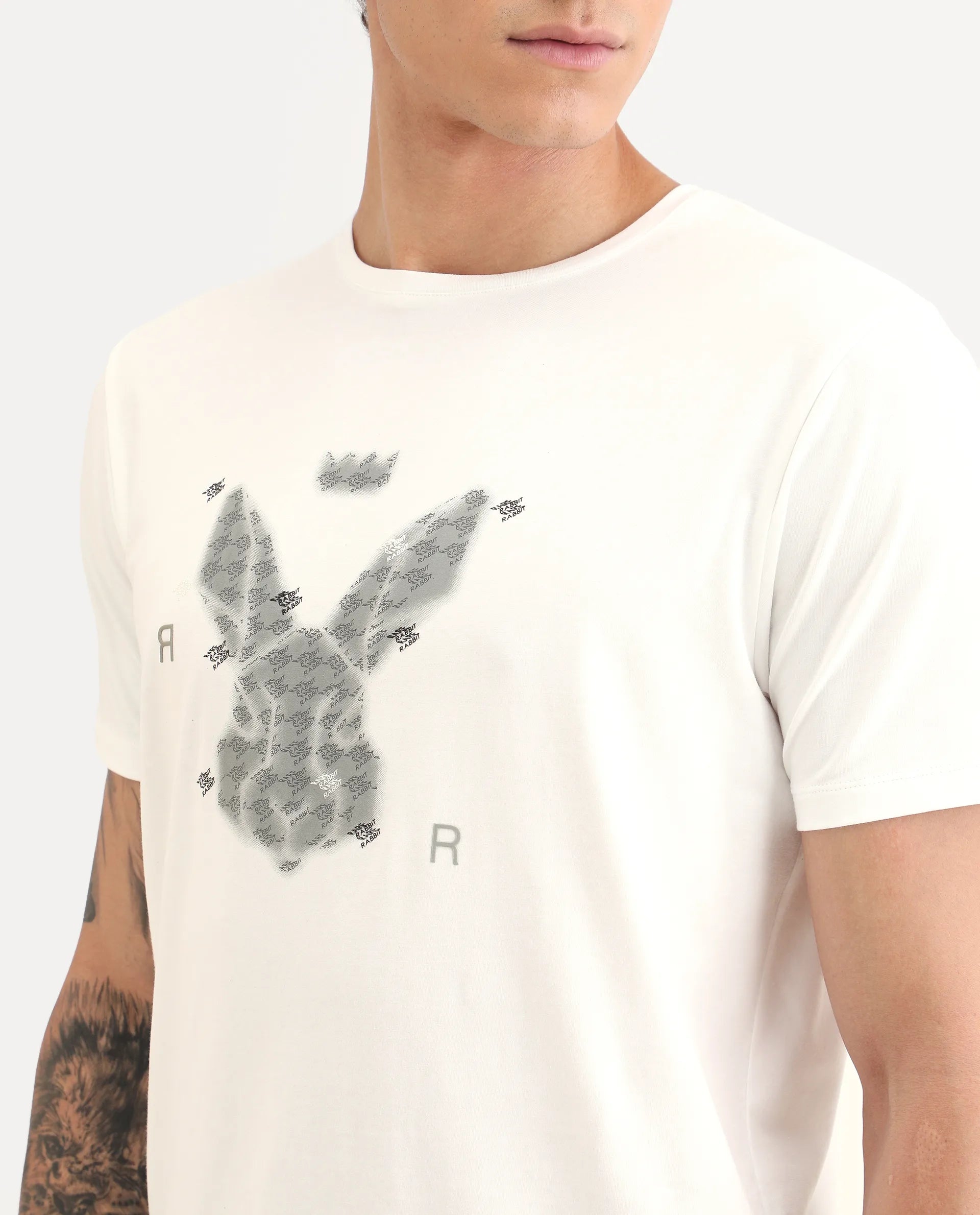Rare Rabbit Men's Anc White Cotton Blend Fabric Half Sleeve Crew Neck Regular Fit Graphic Print T-Shirt