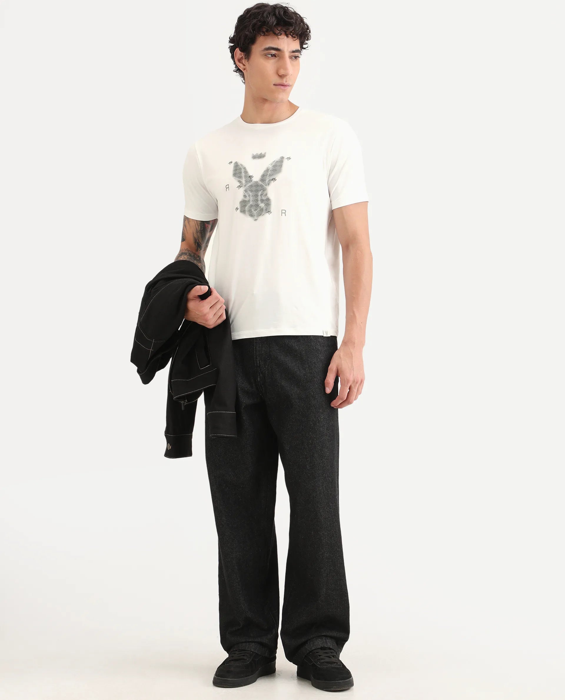 Rare Rabbit Men's Anc White Cotton Blend Fabric Half Sleeve Crew Neck Regular Fit Graphic Print T-Shirt