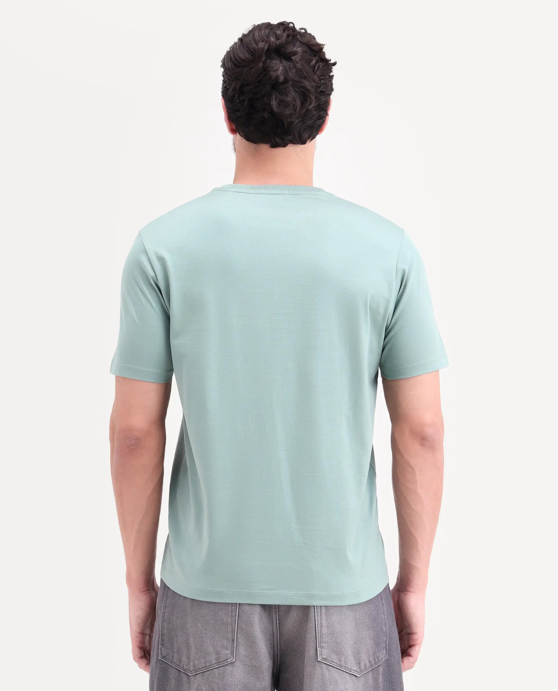 Rare Rabbit Men's Apli Dusky Green Cotton Fabric Half Sleeve Crew Neck Regular Fit Graphic Print T-Shirt