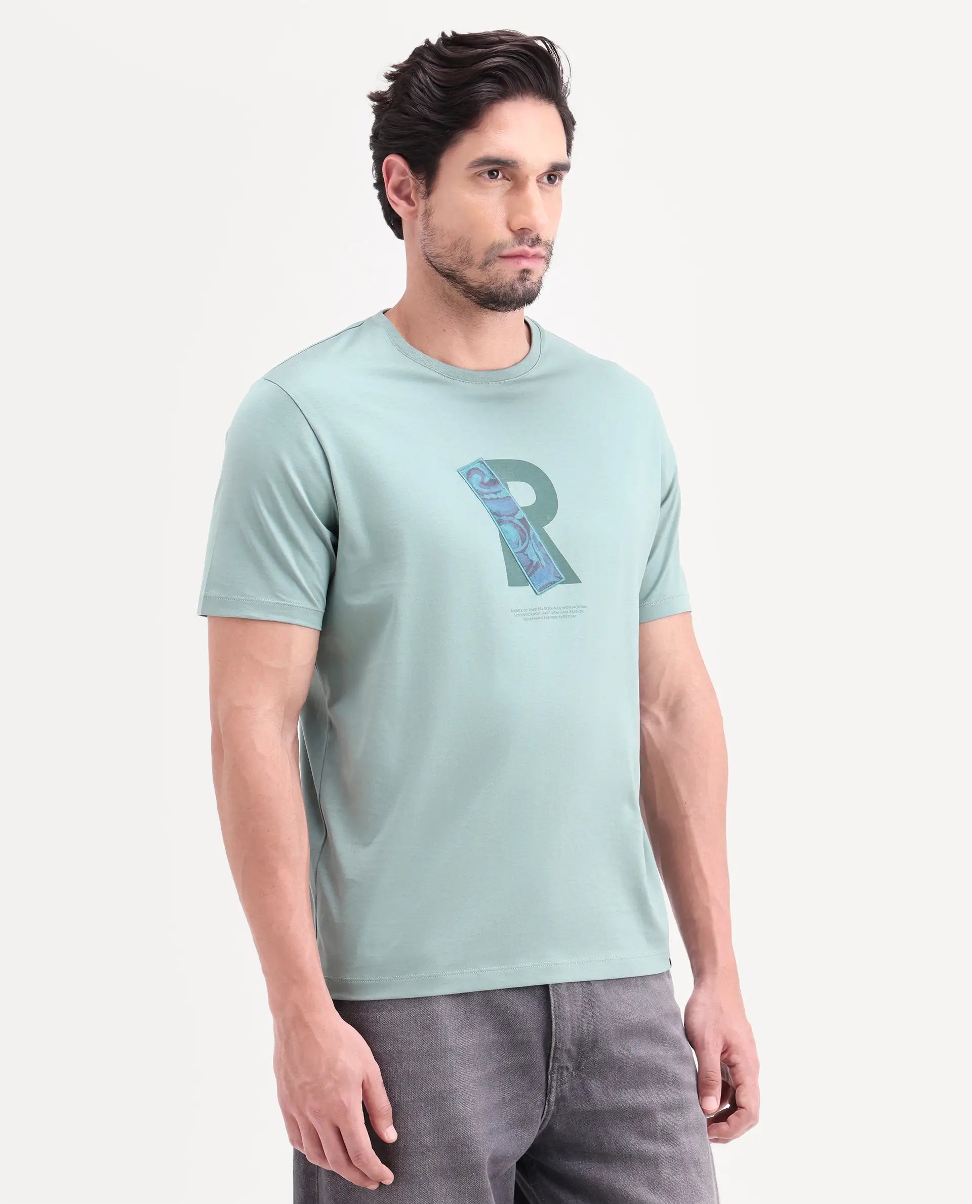 Rare Rabbit Men's Apli Dusky Green Cotton Fabric Half Sleeve Crew Neck Regular Fit Graphic Print T-Shirt