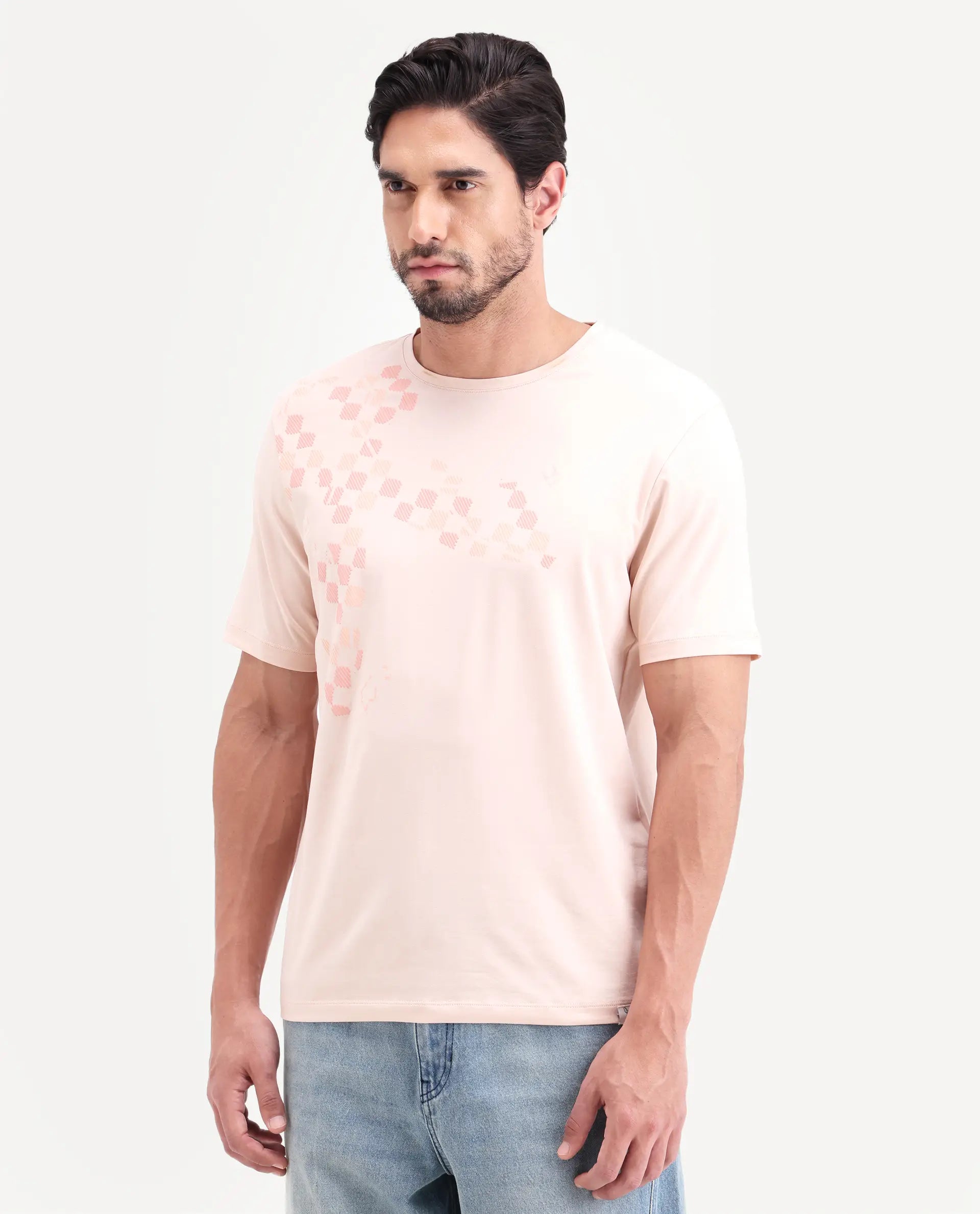 Rare Rabbit Men's Ary Pastel Peach Cotton Blend Fabric Half Sleeve Crew Neck Regular Fit Graphic Print T-Shirt