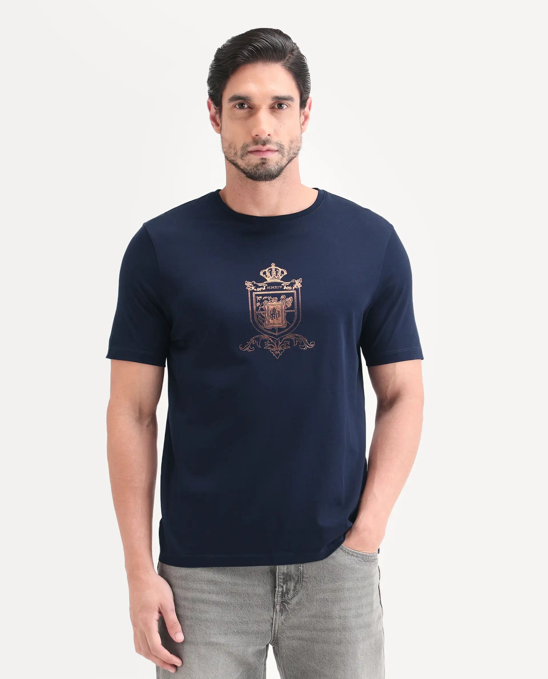 Rare Rabbit Men's Asty Navy Cotton Fabric Half Sleeve Crew Neck Regular Fit Graphic Print T-Shirt