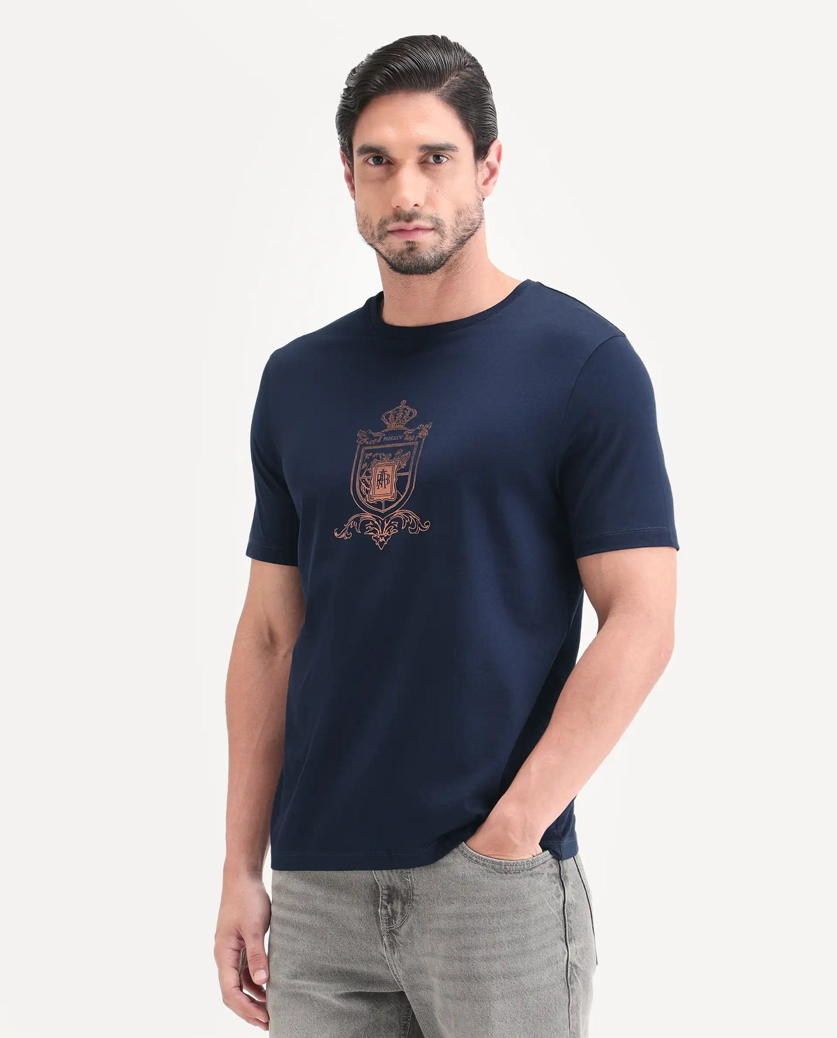 Rare Rabbit Men's Asty Navy Cotton Fabric Half Sleeve Crew Neck Regular Fit Graphic Print T-Shirt