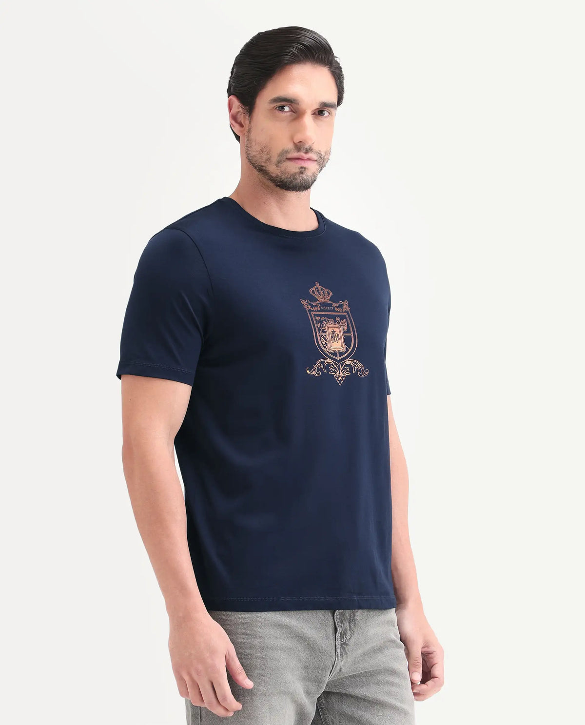 Rare Rabbit Men's Asty Navy Cotton Fabric Half Sleeve Crew Neck Regular Fit Graphic Print T-Shirt