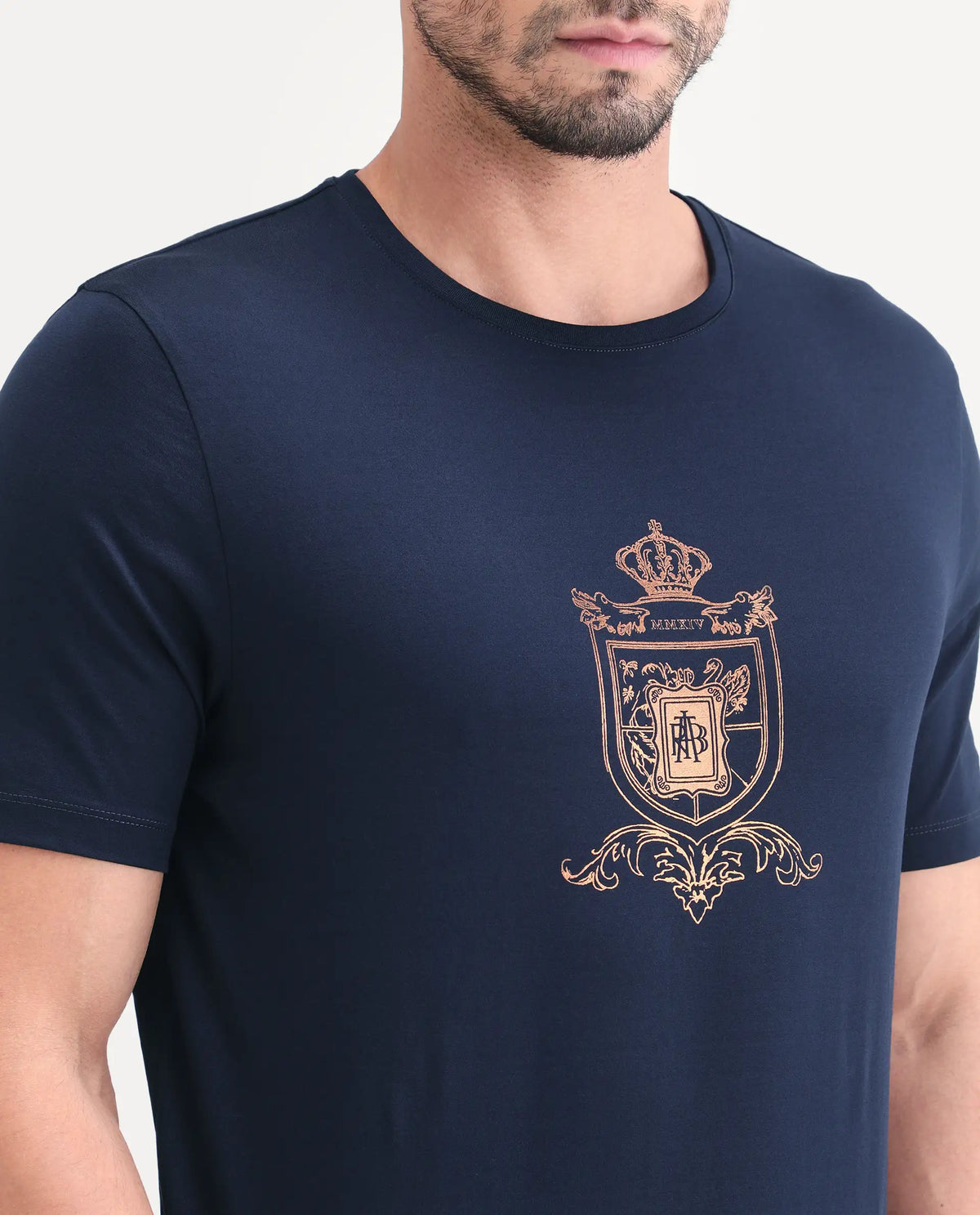 Rare Rabbit Men's Asty Navy Cotton Fabric Half Sleeve Crew Neck Regular Fit Graphic Print T-Shirt