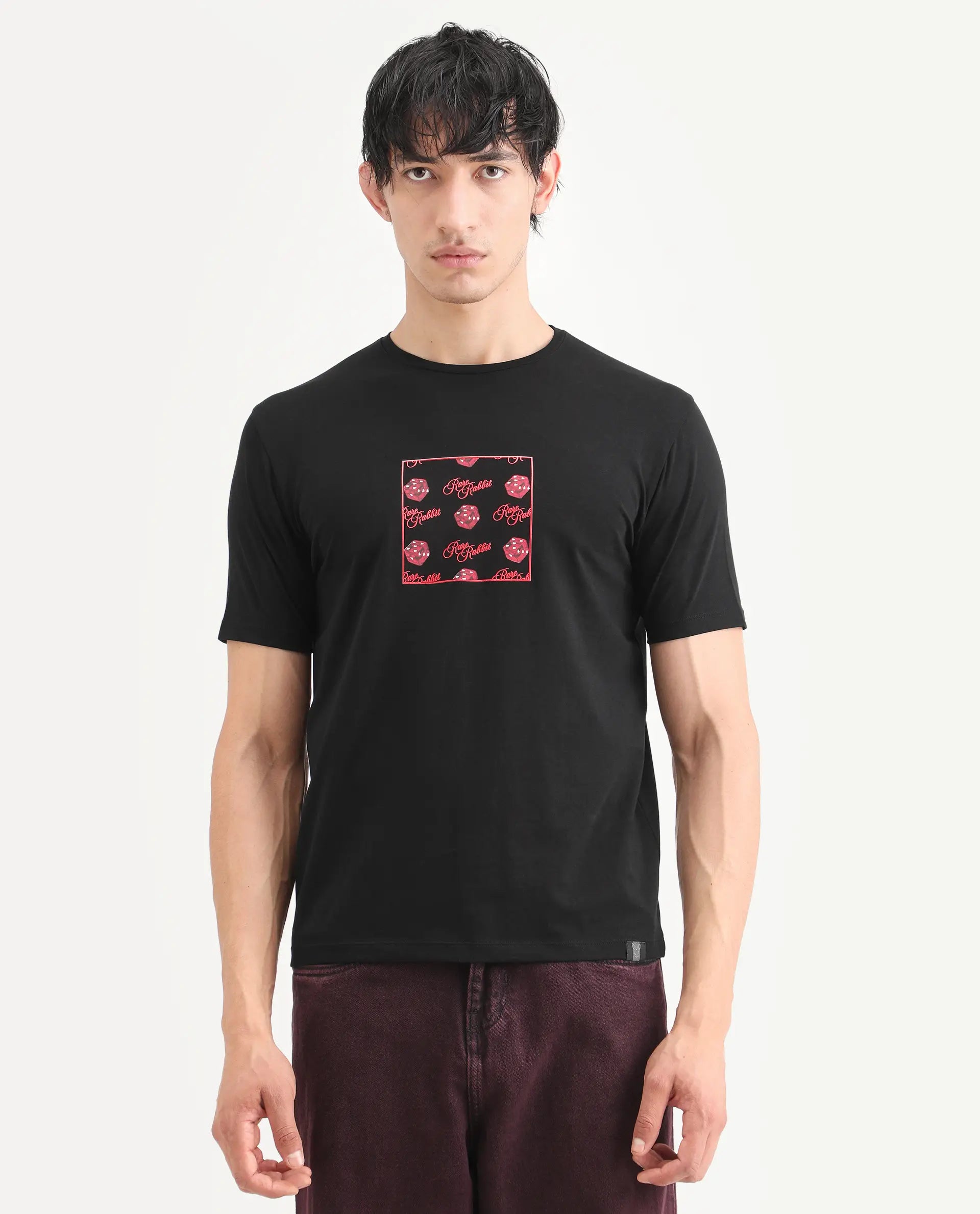 Rare Rabbit Men's Bette Black Cotton Blend Fabric Half Sleeve Crew Neck Regular Fit Graphic Print T-Shirt