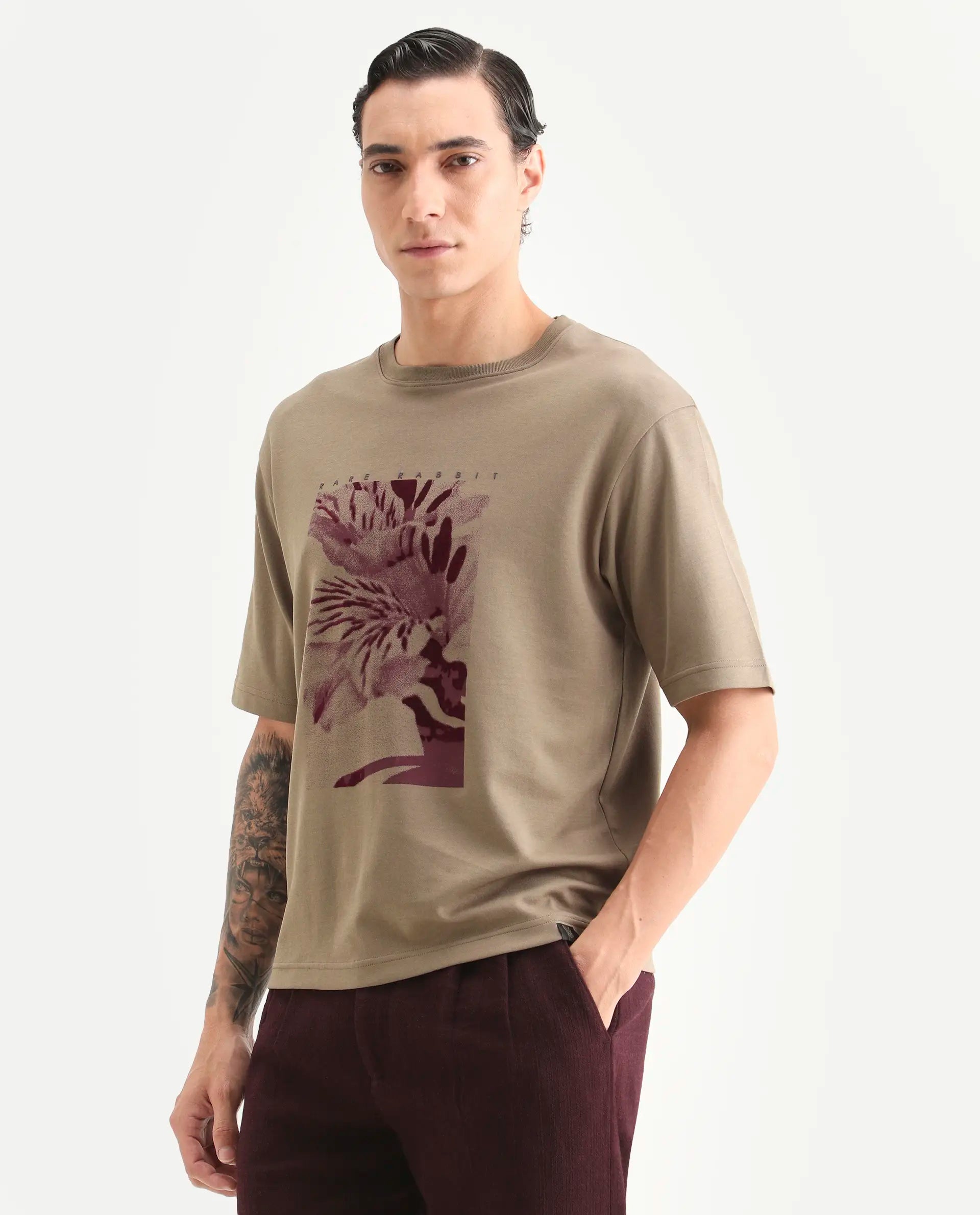 Rare Rabbit Men's Blend Light Olive Cotton Blend Fabric Half Sleeve Crew Neck Oversize Graphic Print T-Shirt