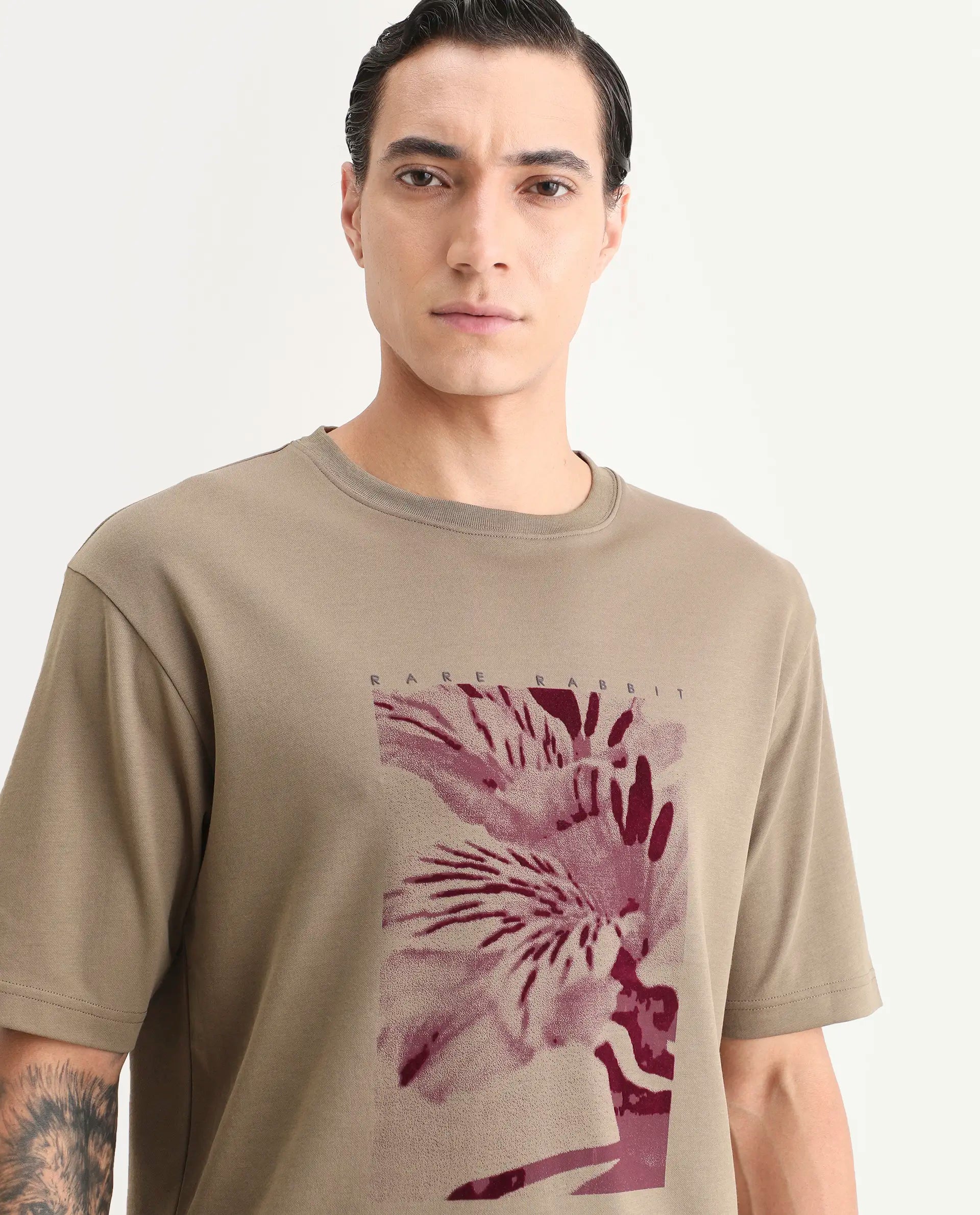 Rare Rabbit Men's Blend Light Olive Cotton Blend Fabric Half Sleeve Crew Neck Oversize Graphic Print T-Shirt