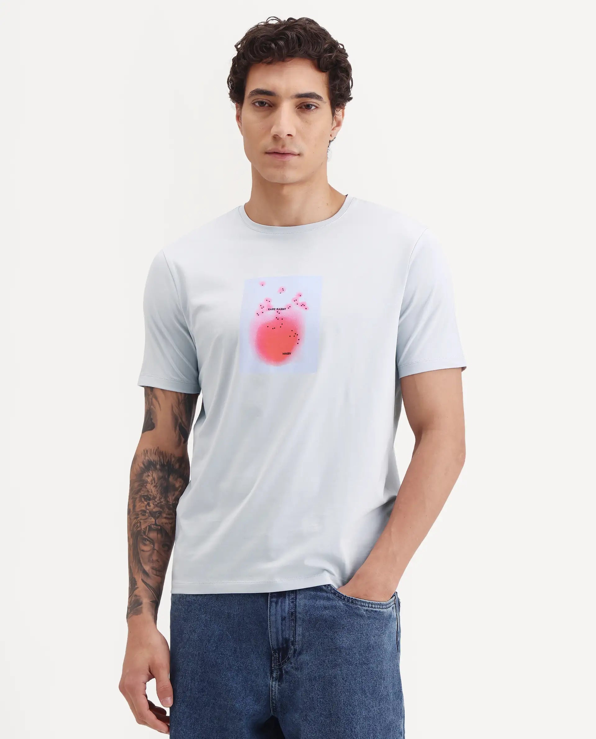 Rare Rabbit Men's Buv Light Blue Cotton Blend Fabric Half Sleeve Crew Neck Regular Fit Graphic Print T-Shirt