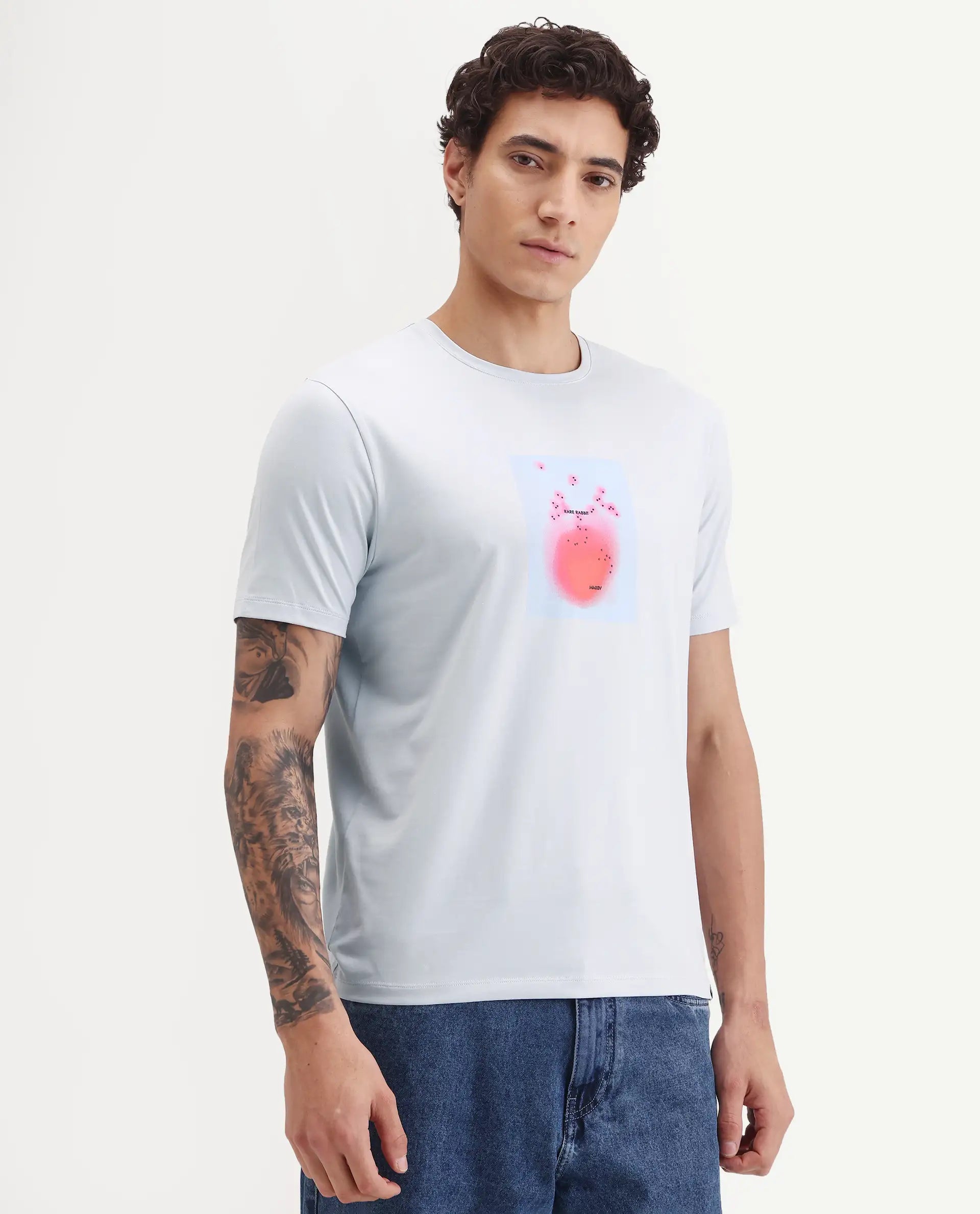 Rare Rabbit Men's Buv Light Blue Cotton Blend Fabric Half Sleeve Crew Neck Regular Fit Graphic Print T-Shirt