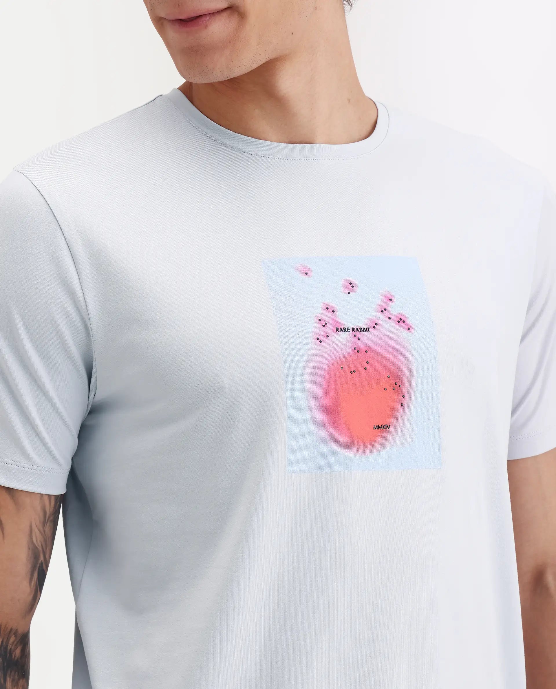 Rare Rabbit Men's Buv Light Blue Cotton Blend Fabric Half Sleeve Crew Neck Regular Fit Graphic Print T-Shirt