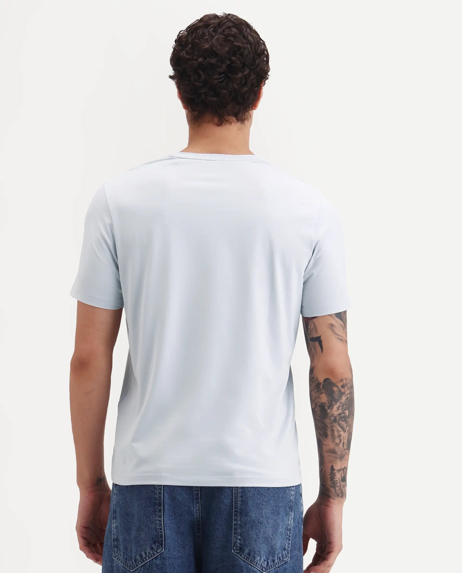 Rare Rabbit Men's Buv Light Blue Cotton Blend Fabric Half Sleeve Crew Neck Regular Fit Graphic Print T-Shirt