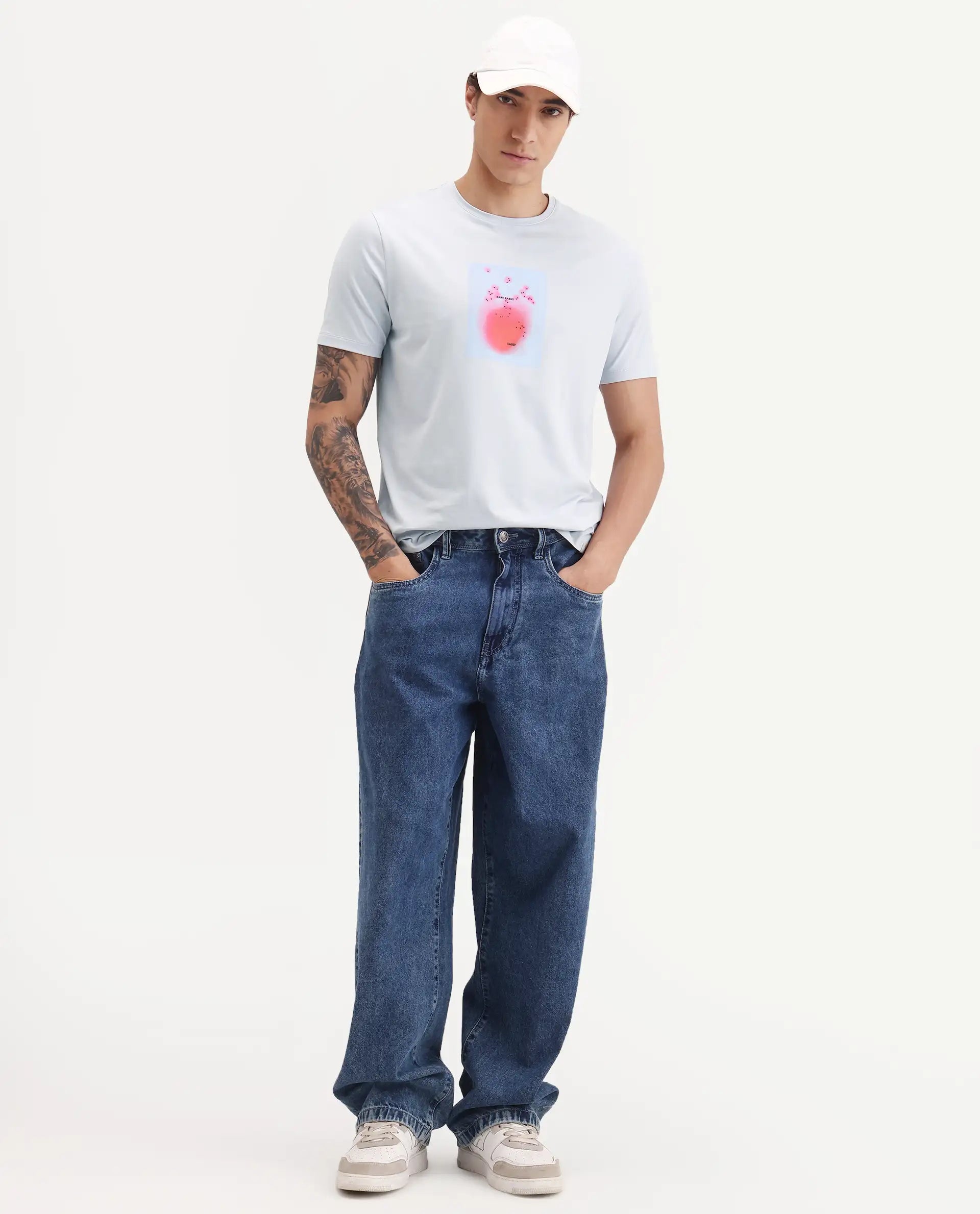 Rare Rabbit Men's Buv Light Blue Cotton Blend Fabric Half Sleeve Crew Neck Regular Fit Graphic Print T-Shirt