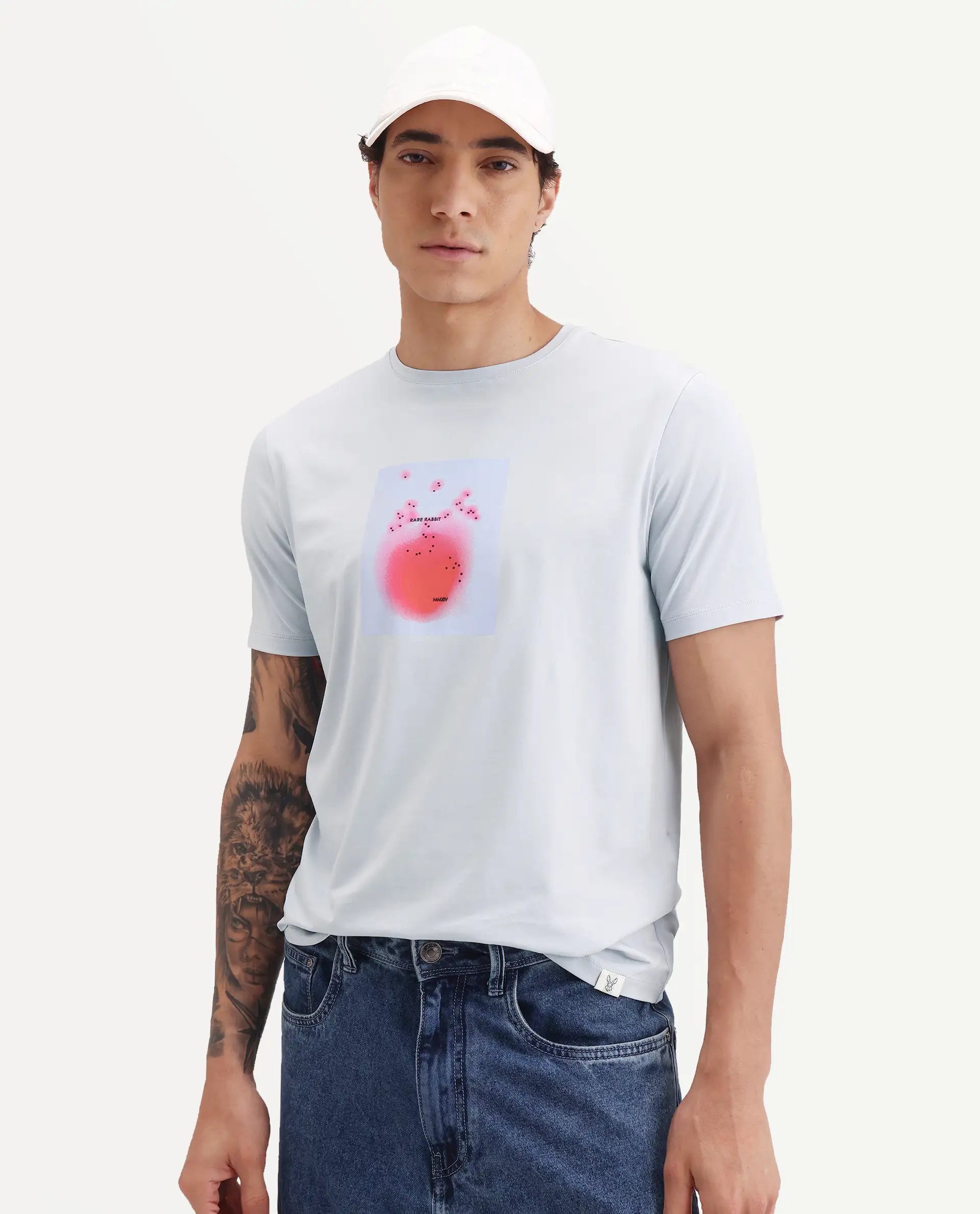 Rare Rabbit Men's Buv Light Blue Cotton Blend Fabric Half Sleeve Crew Neck Regular Fit Graphic Print T-Shirt
