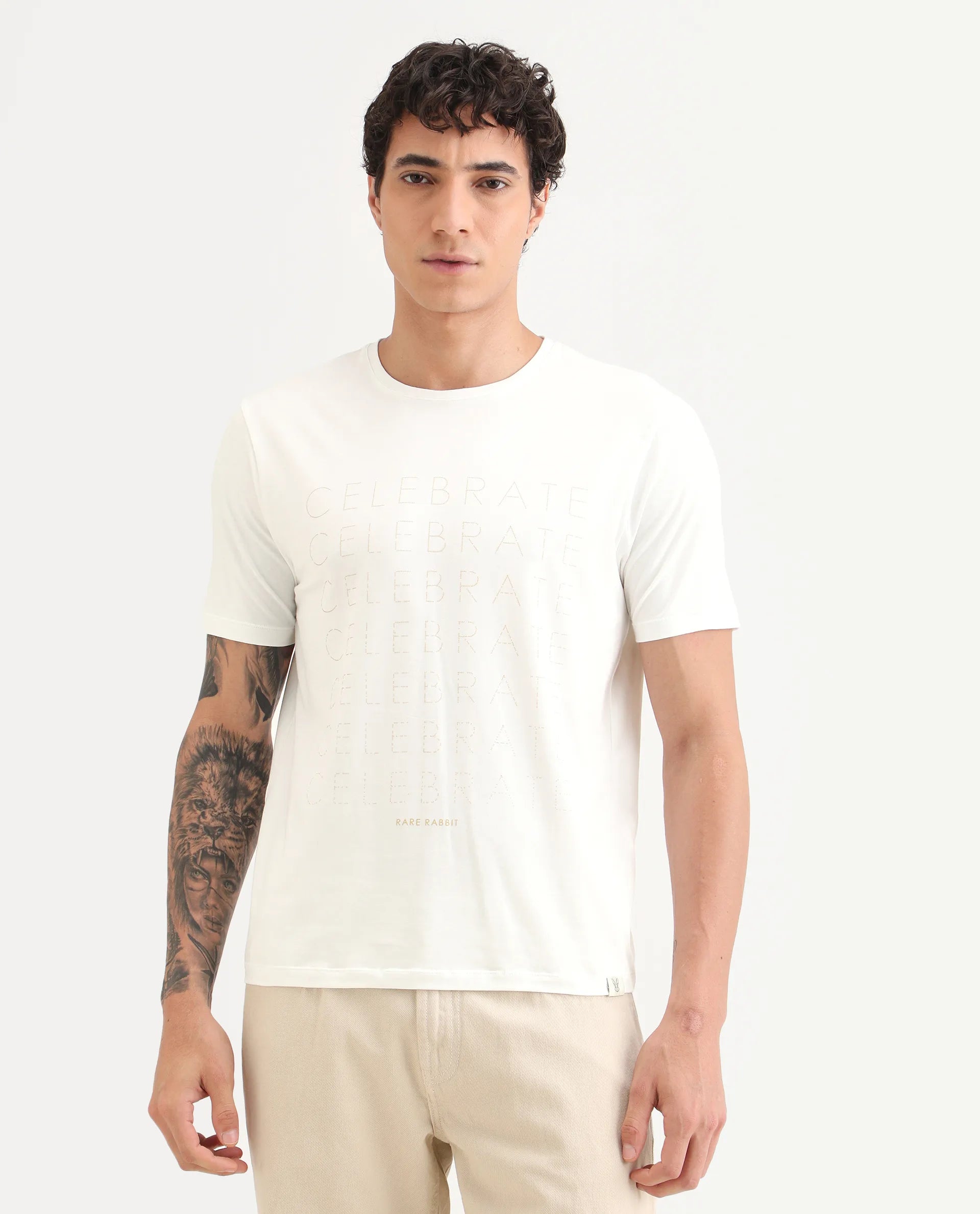 Rare Rabbit Men's Celebrate-S26 White Cotton Blend Fabric Half Sleeve Crew Neck Regular Fit Graphic Print T-Shirt