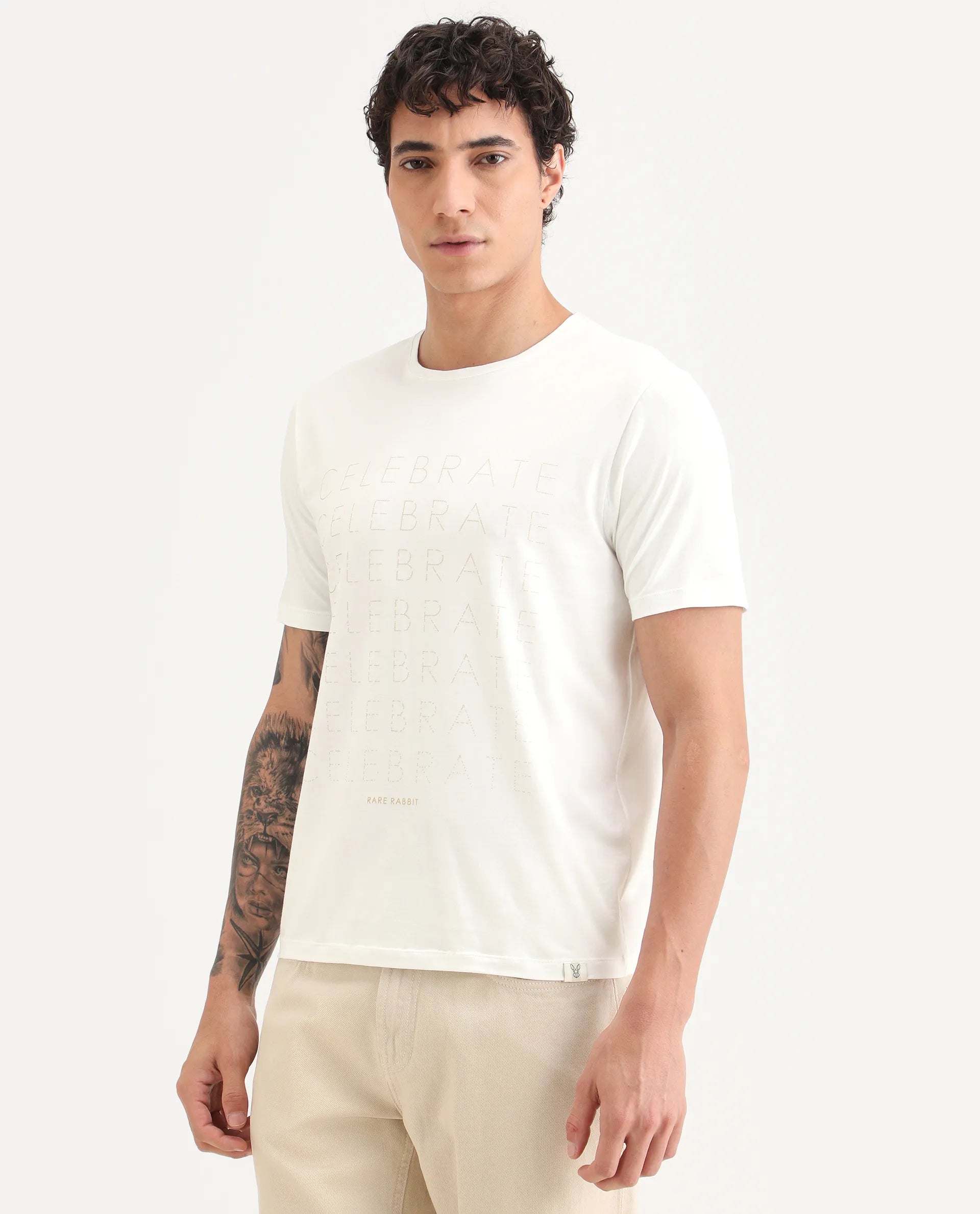 Rare Rabbit Men's Celebrate-S26 White Cotton Blend Fabric Half Sleeve Crew Neck Regular Fit Graphic Print T-Shirt