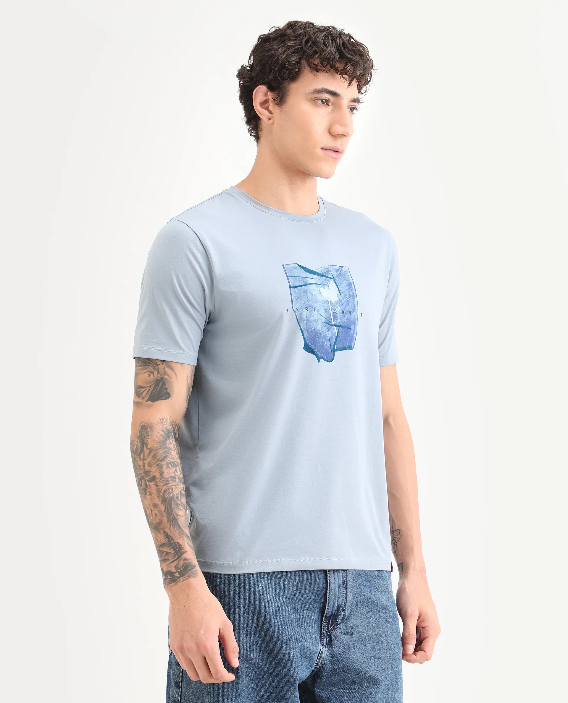 Rare Rabbit Men's Cyro Dusky Blue Cotton Blend Fabric Half Sleeve Crew Neck Regular Fit Graphic Print T-Shirt