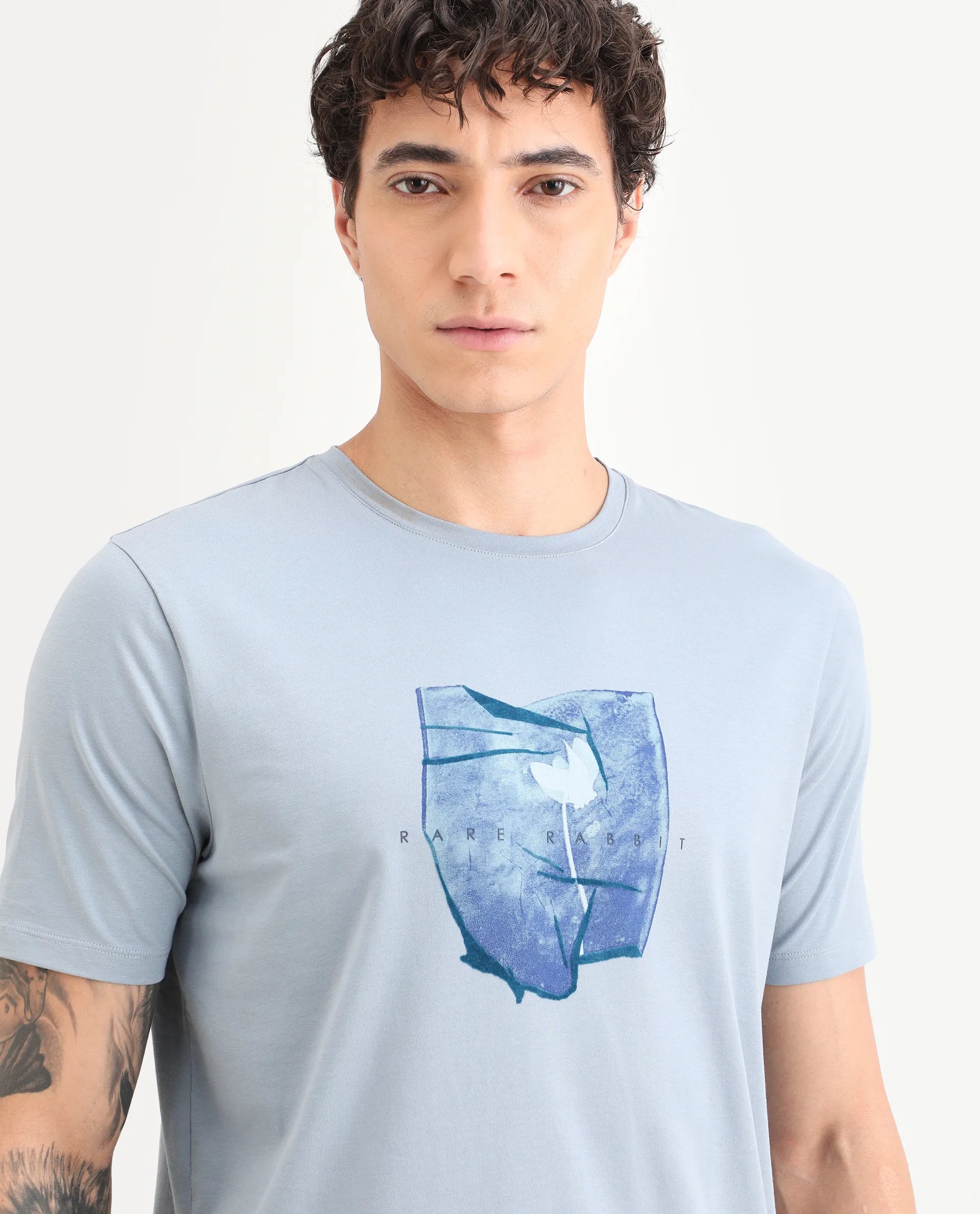 Rare Rabbit Men's Cyro Dusky Blue Cotton Blend Fabric Half Sleeve Crew Neck Regular Fit Graphic Print T-Shirt
