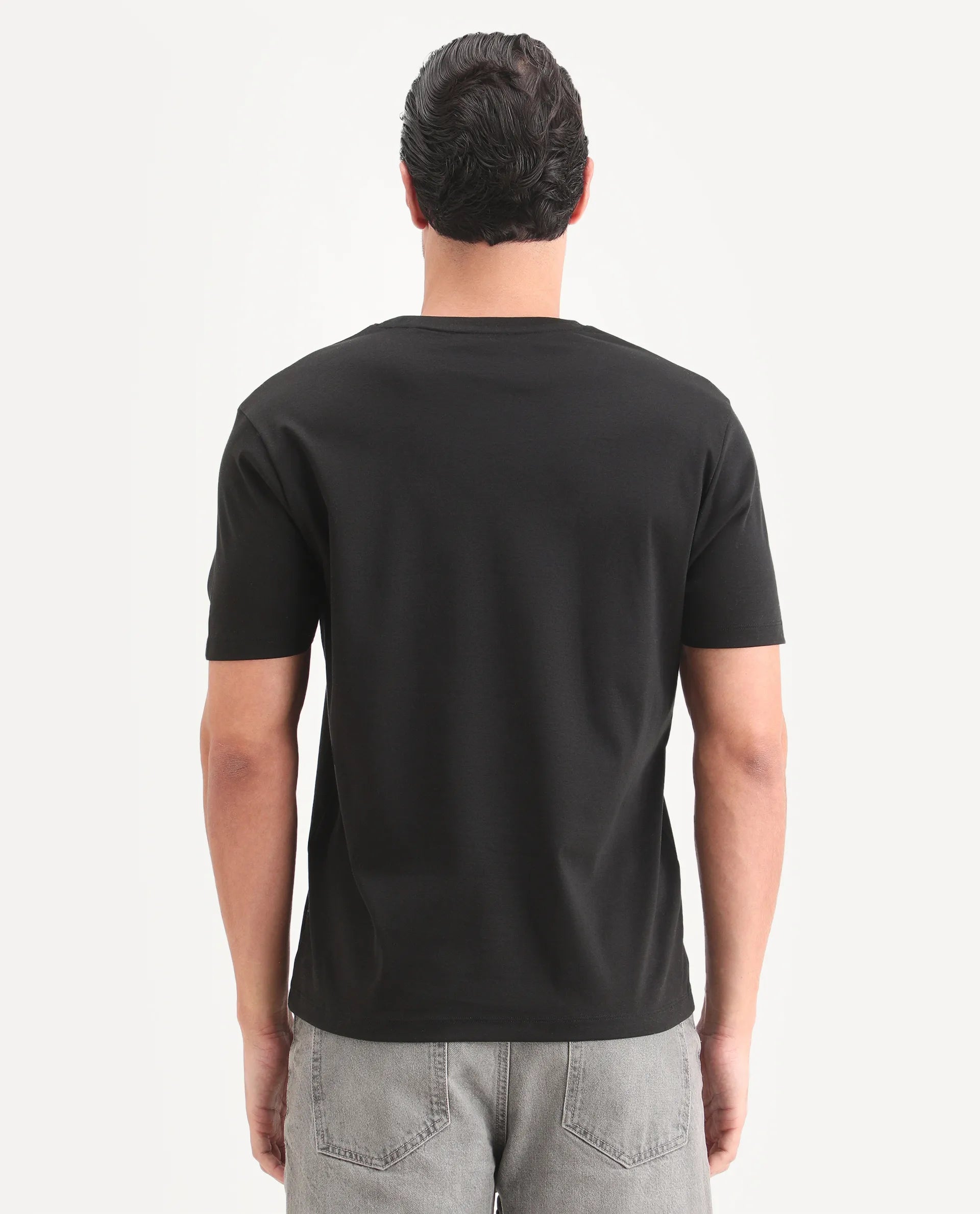 Rare Rabbit Men's Fein Black Cotton Fabric Half Sleeve Crew Neck Regular Fit Graphic Print T-Shirt